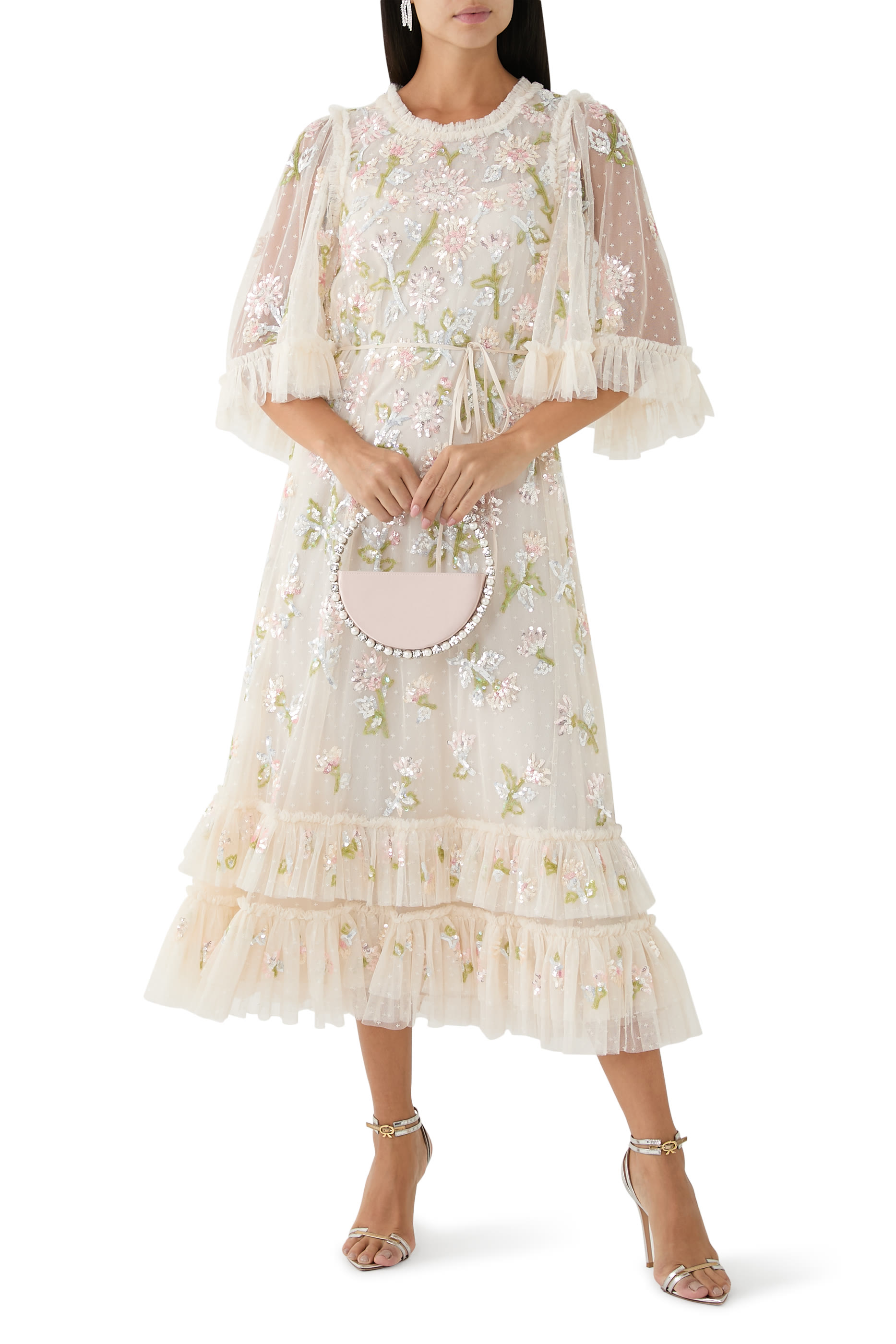 فستان باليرينا لامع بنقشة زهور الهندباء مطرزة بالترتر