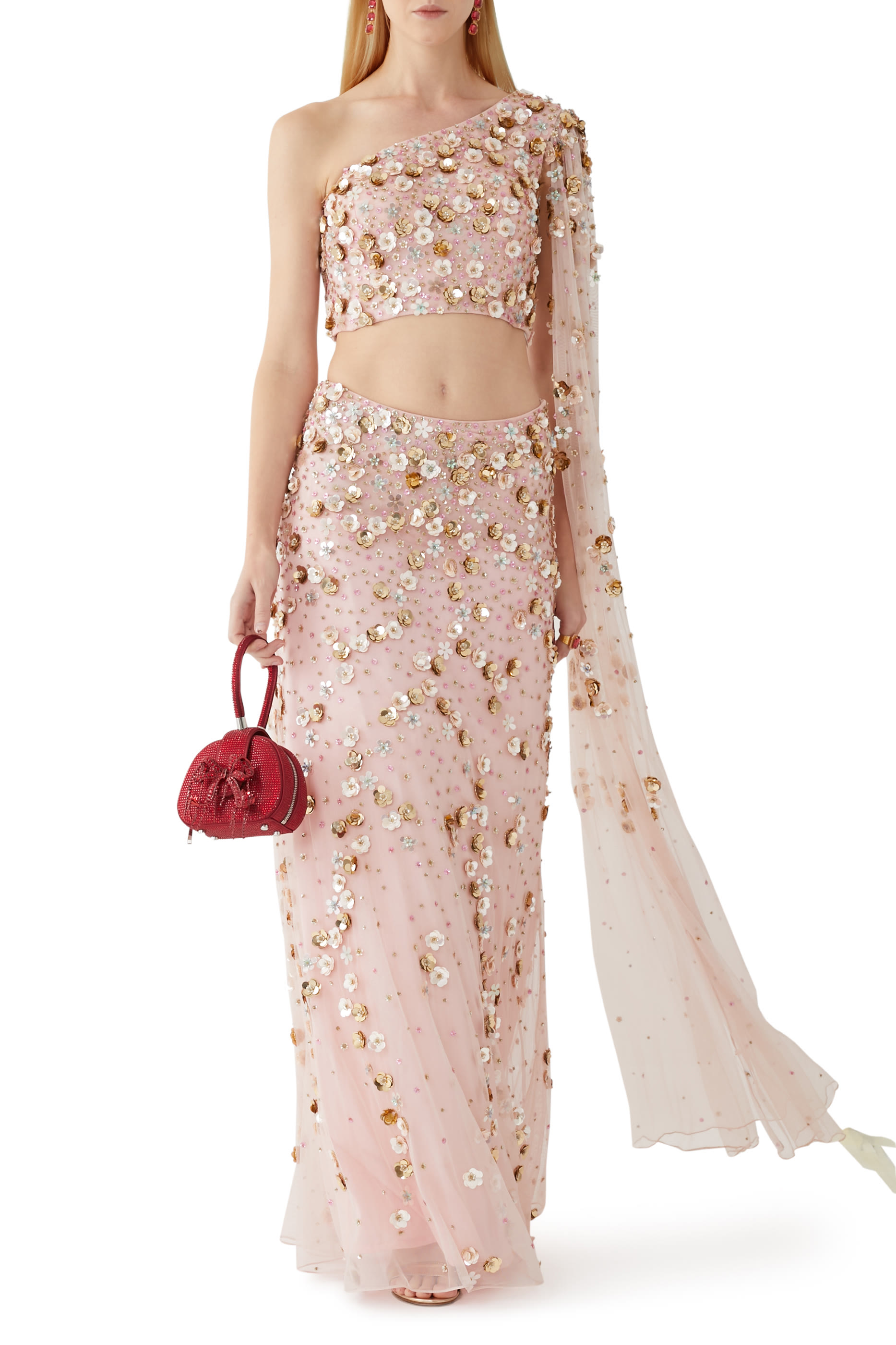 فستان سهرة إنايا ساري بكتف مكشوف درابيه مطرز