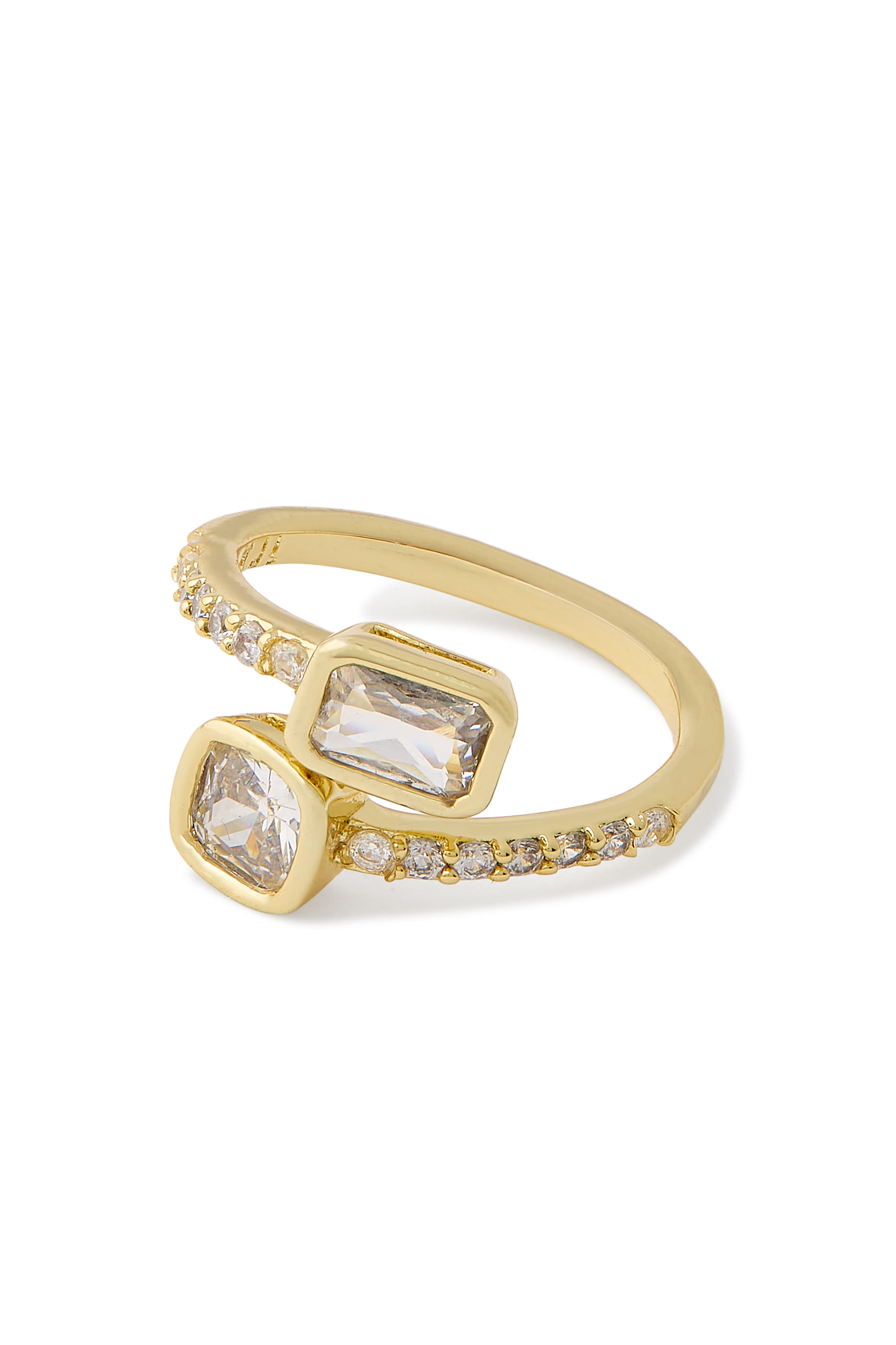 خاتم مفتوح بتصميم ملفوف مزين بأحجار زركونيا بافيه على شكل زمرد، نحاس بطلاء ذهبي