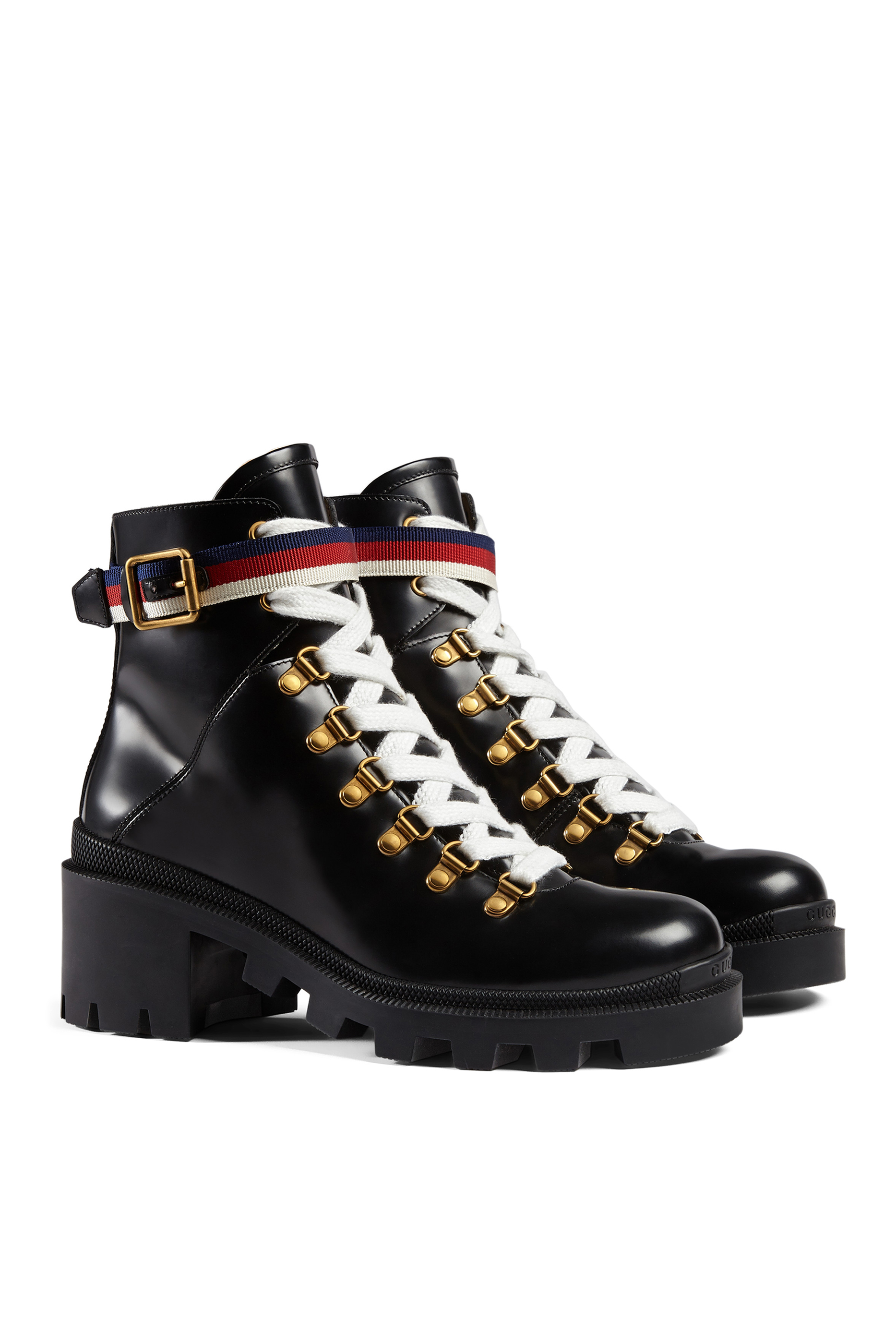 حذاء بوت بطول الكاحل جلد مزين بشريط ويب سيلفي