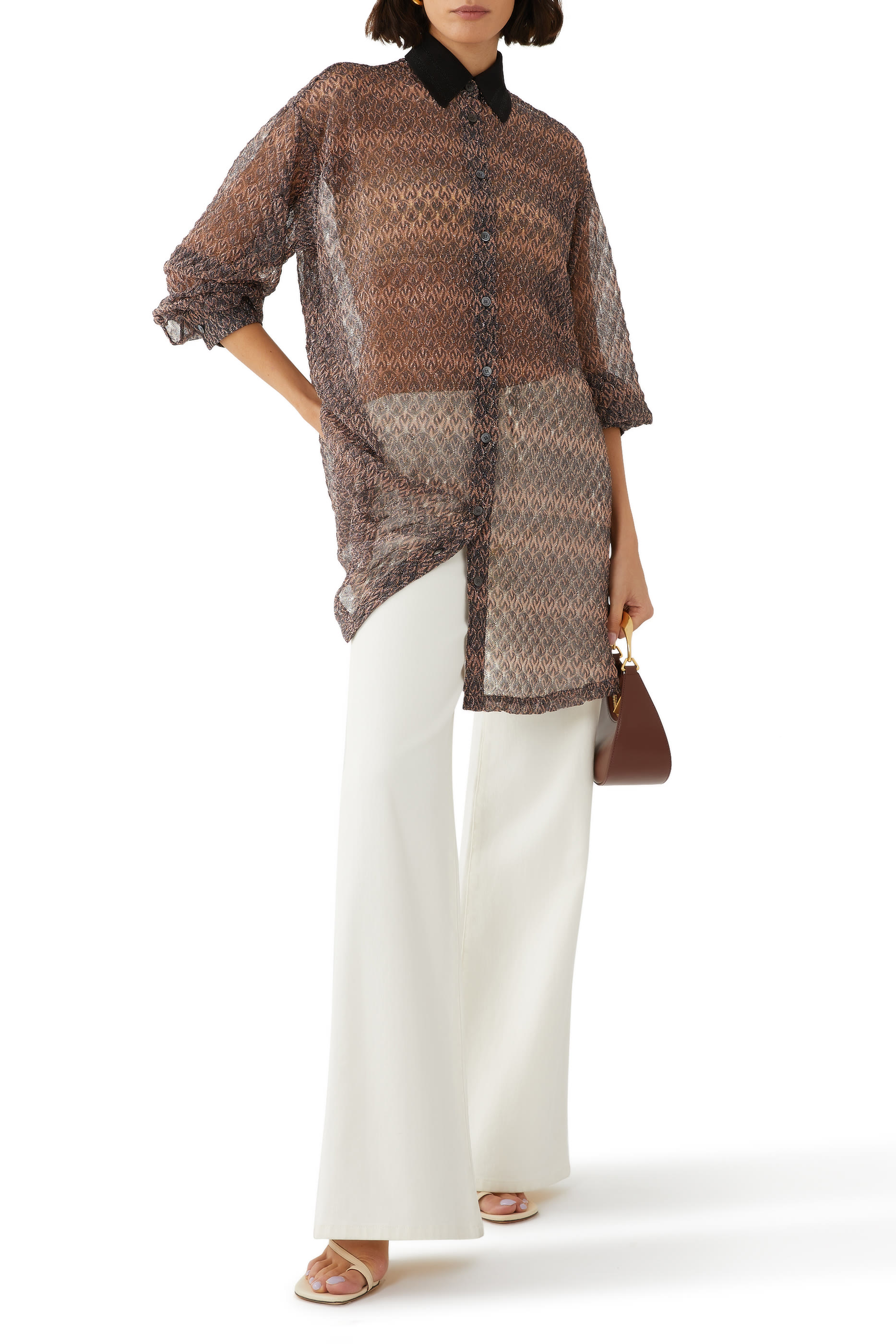 قميص منسوج بنقشة خطوط متعرجة لامعة