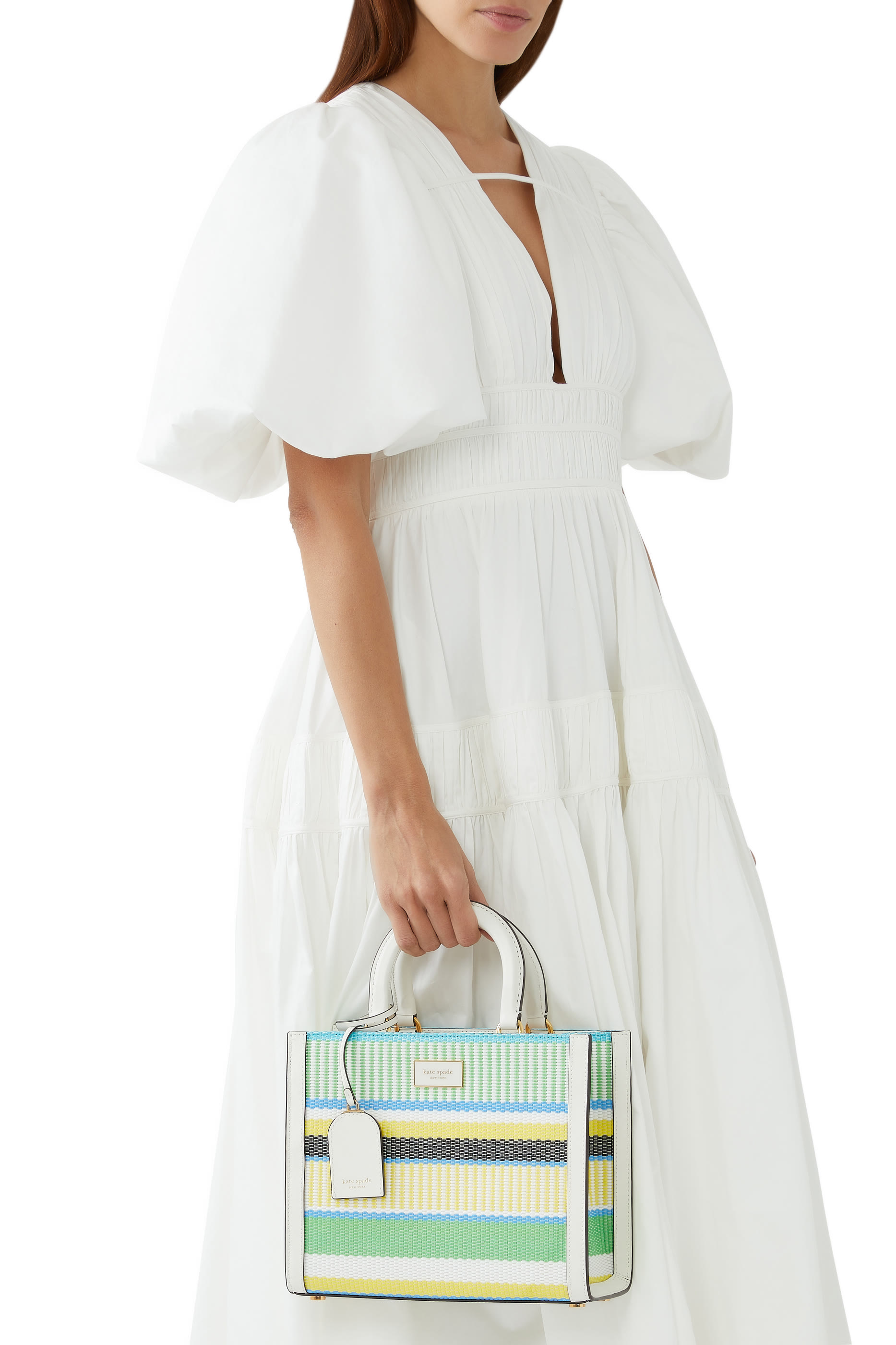 حقيبة يد مانهاتن صغيرة مخططة قش منسوج