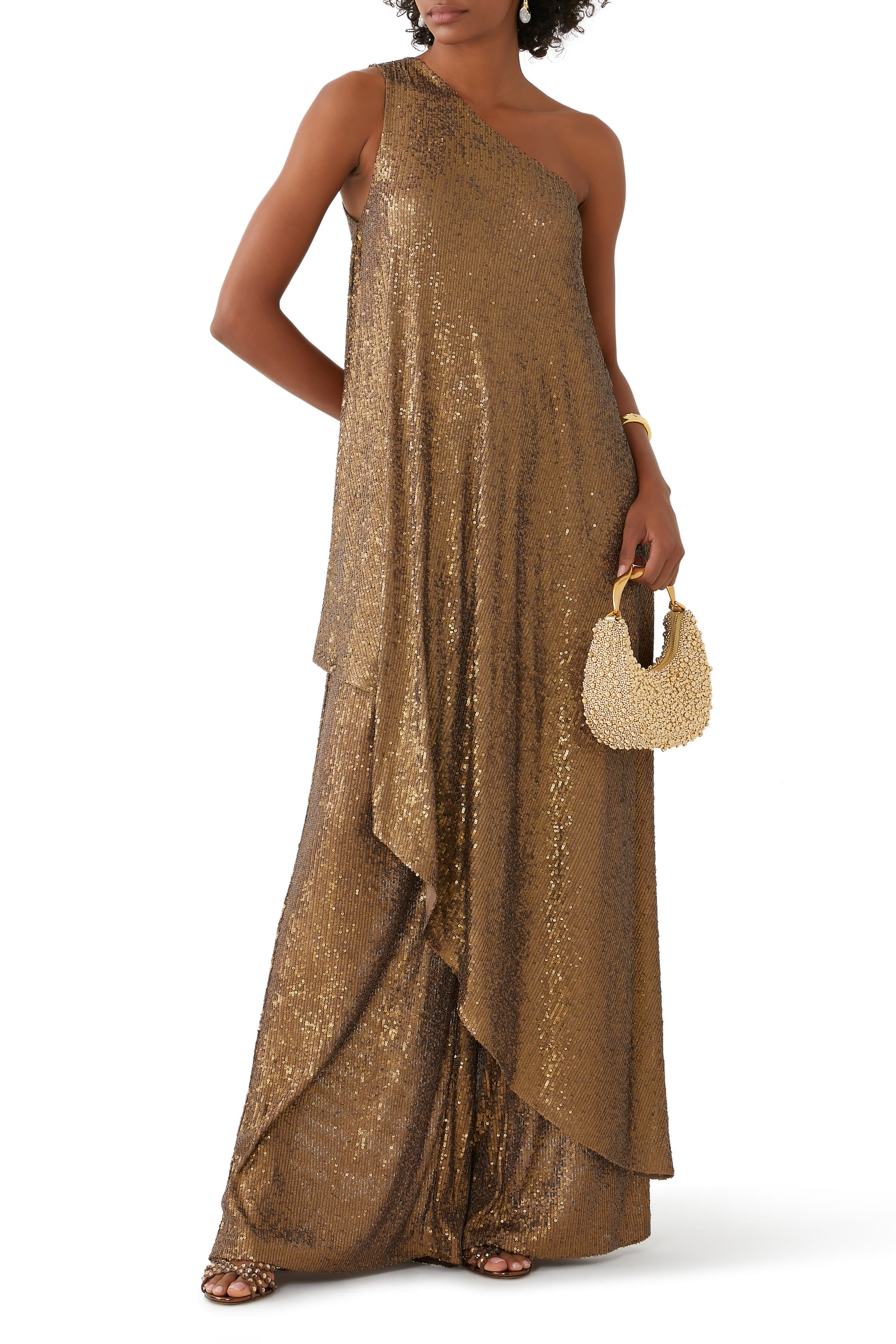 تونيك بحافة مائلة بكتف واحد وتطريزات بالترتر