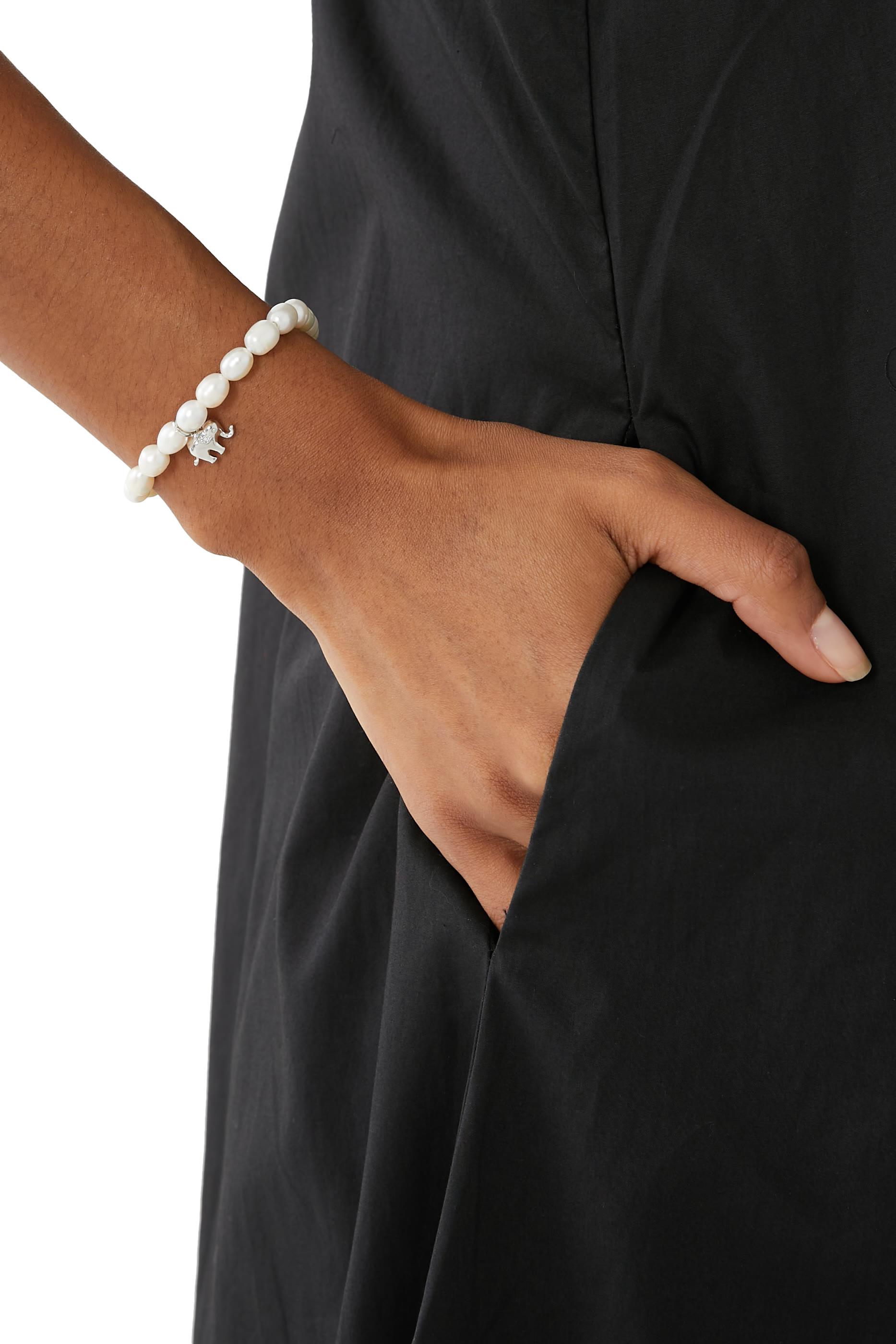 سوار بريشس بحلية بتصميم فيل مزين بلؤلؤ مياه عذبة وأحجار زركونيا مكعبة، معدن مطلي