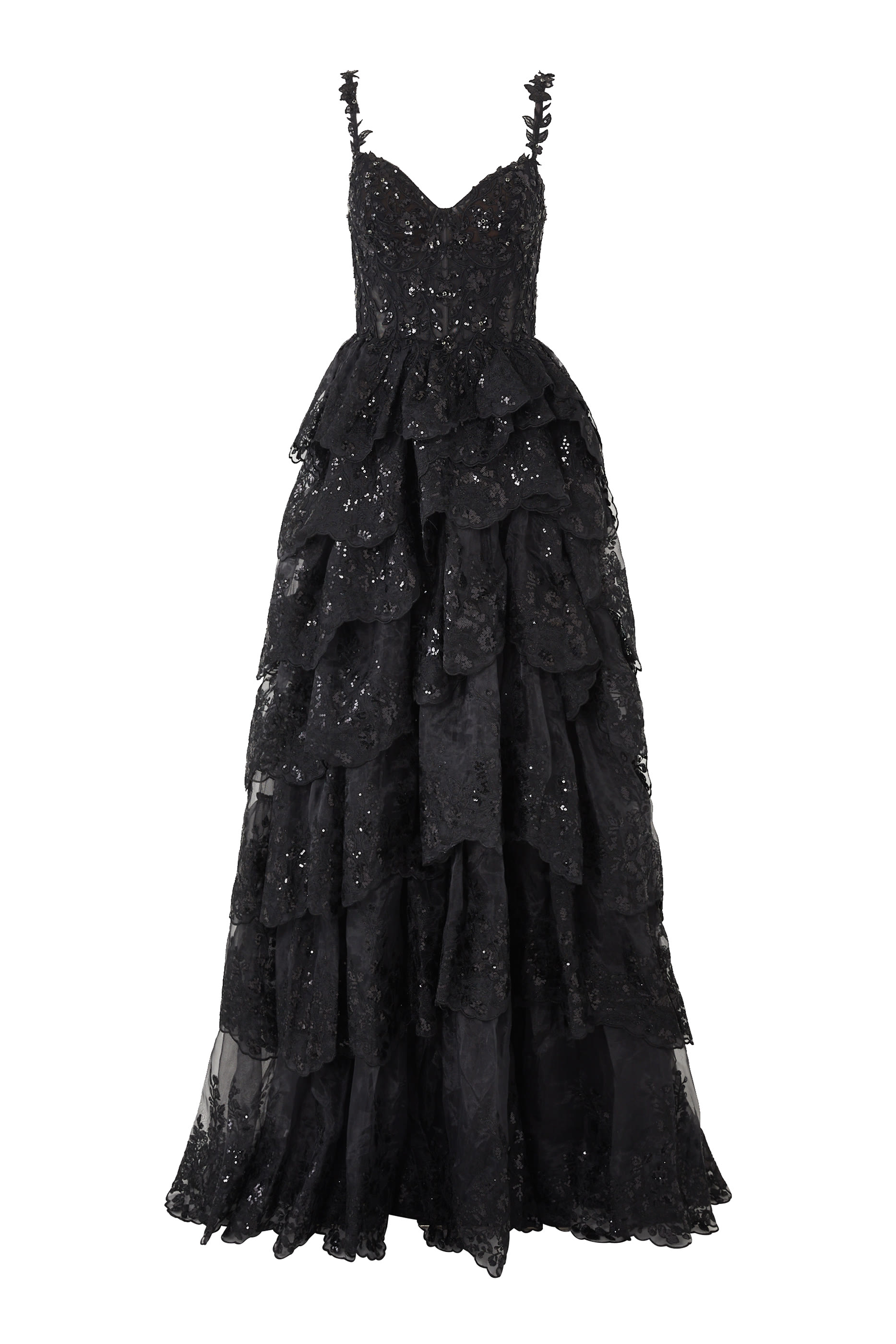 فستان سهرة طويل متدرج بتطريزات زهور وترتر