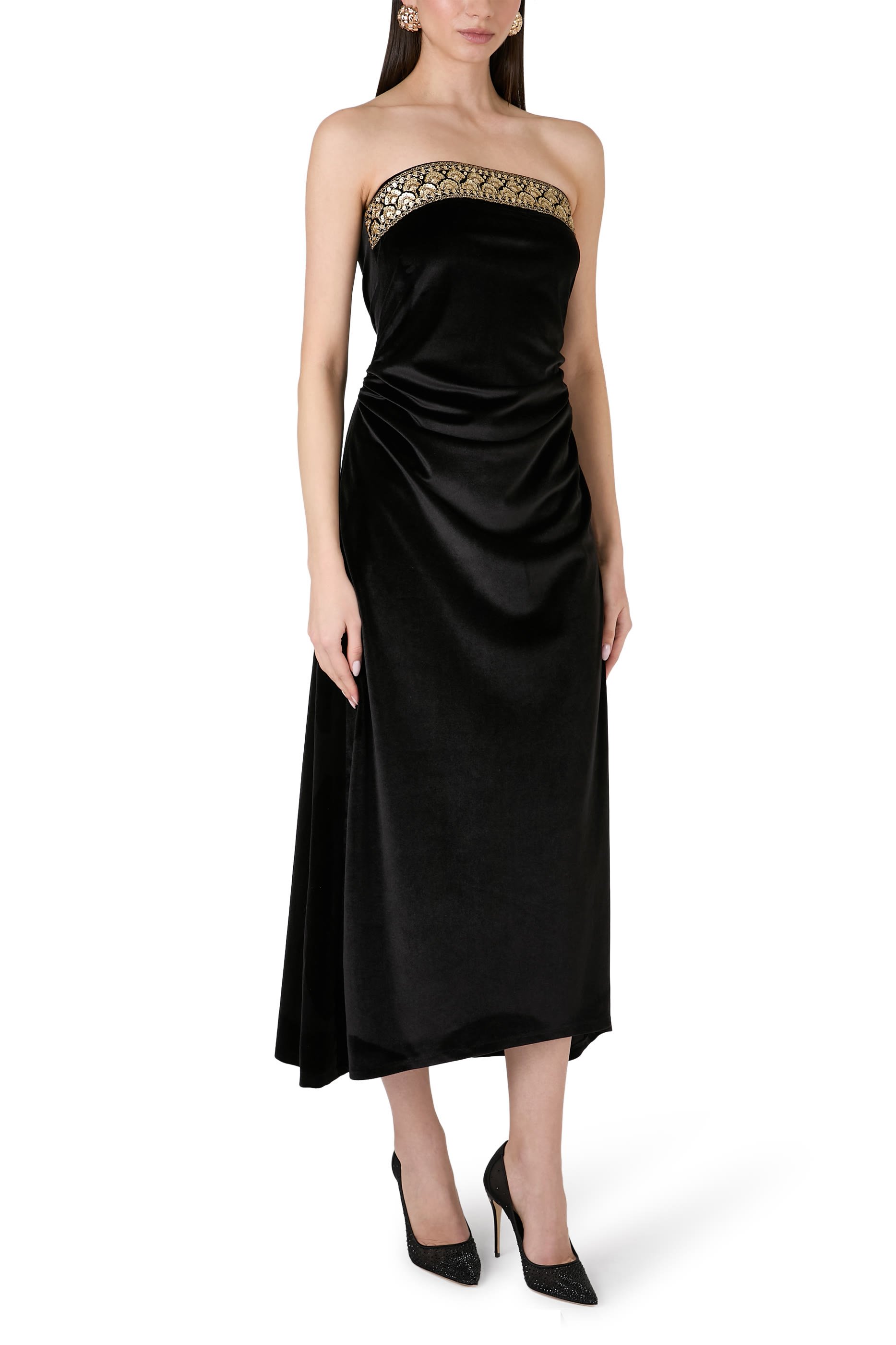 طقم فستان بلا حمالات وجاكيت، بنقشة أزهار مخمل