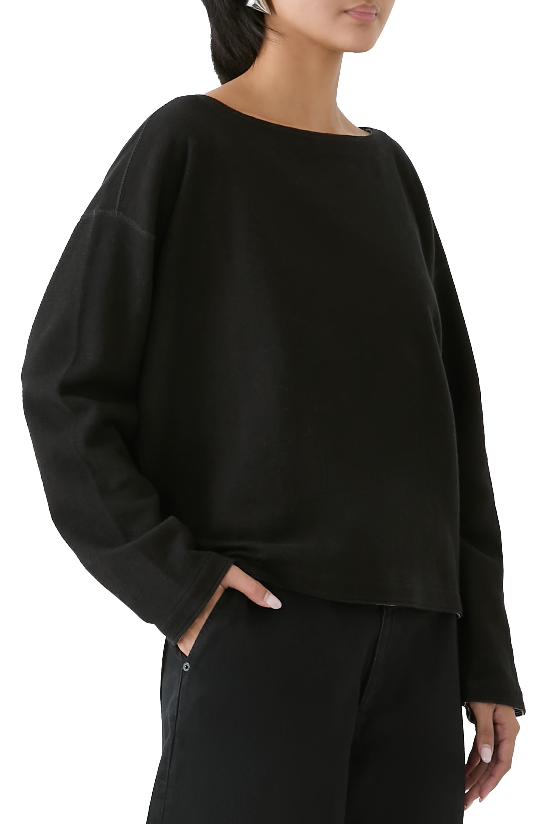 بلوزة بتصميم وجهين بياقة قارب ونقشة مخططة نسيج مزدوج قطن عضوي