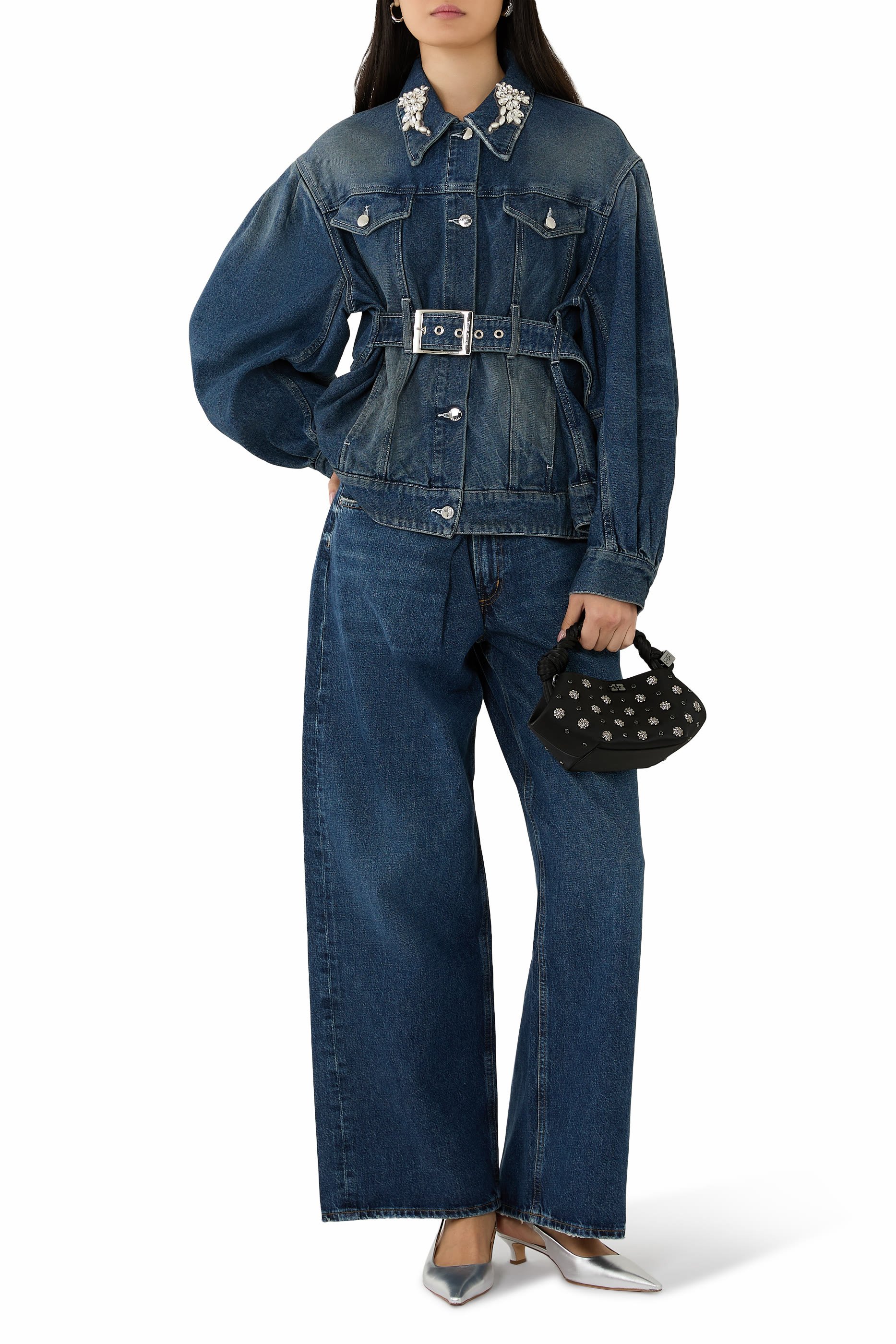 جاكيت توربو بقصة منحوتة وحزام مرصع