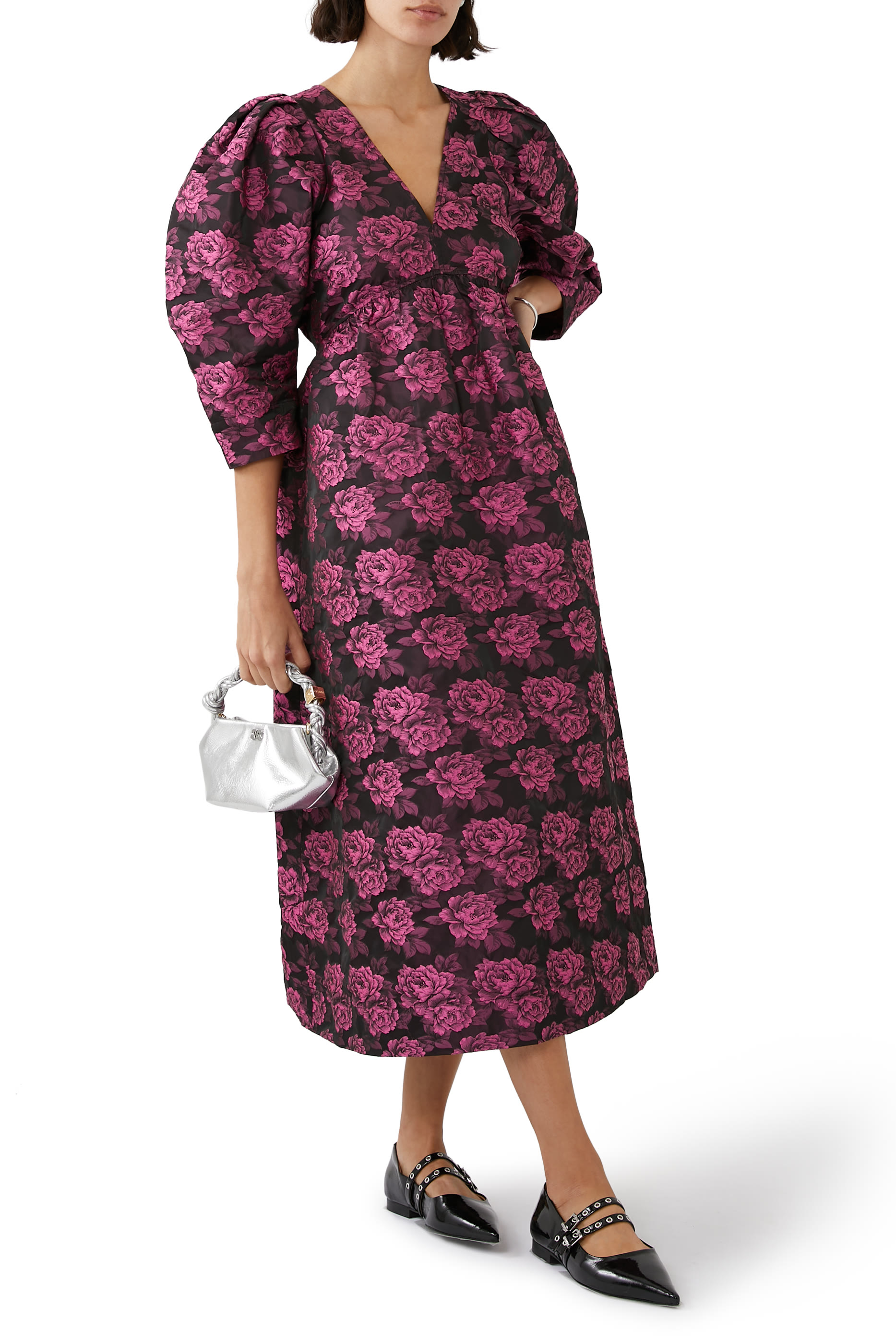 فستان متوسط الطول بنقشة زهور جاكار