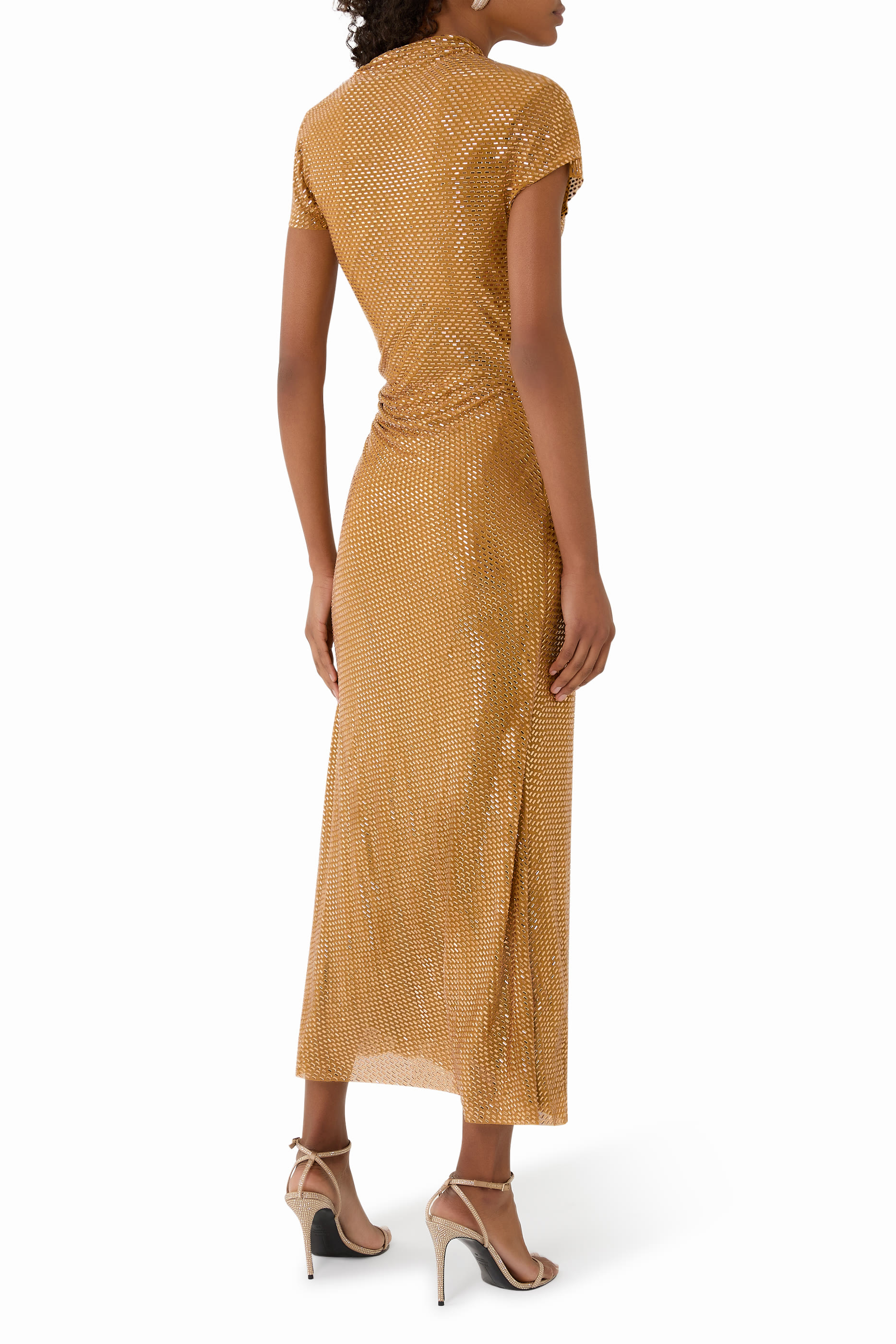 Gold Rhinestone Drape Midi Dress