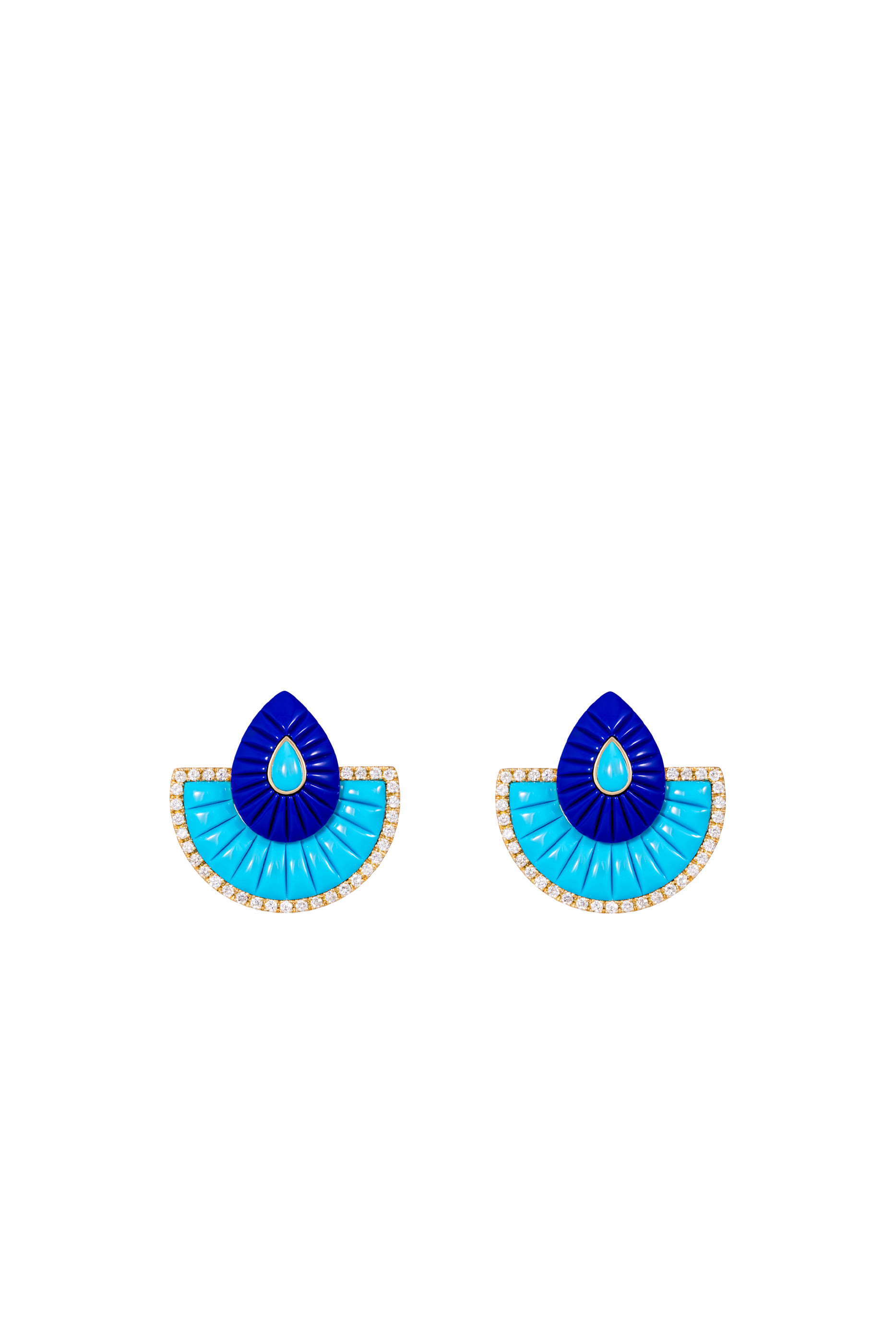 Bond Street Small Fan Earrings, 18k Yellow Gold with Diamonds, Turquoise & Lapis Stones