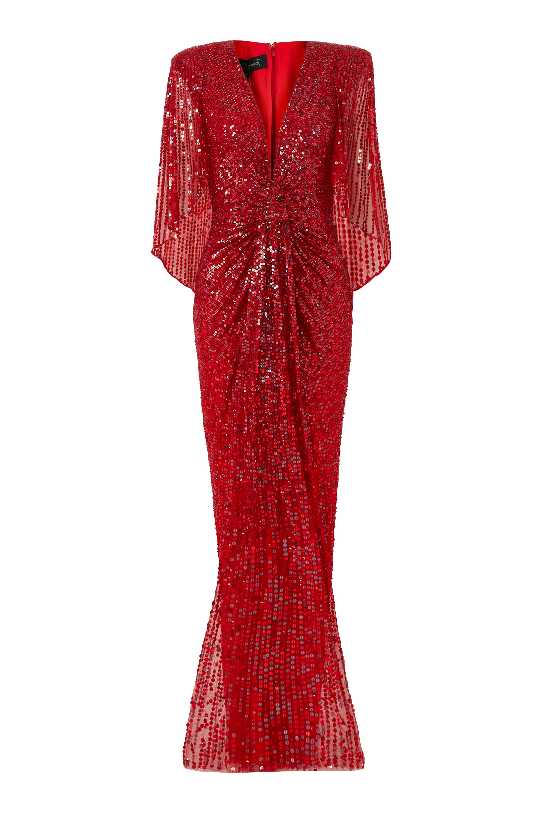 فستان سهرة لوار بتطرزلت وياقة على شكل حرف V وأكمام كاب