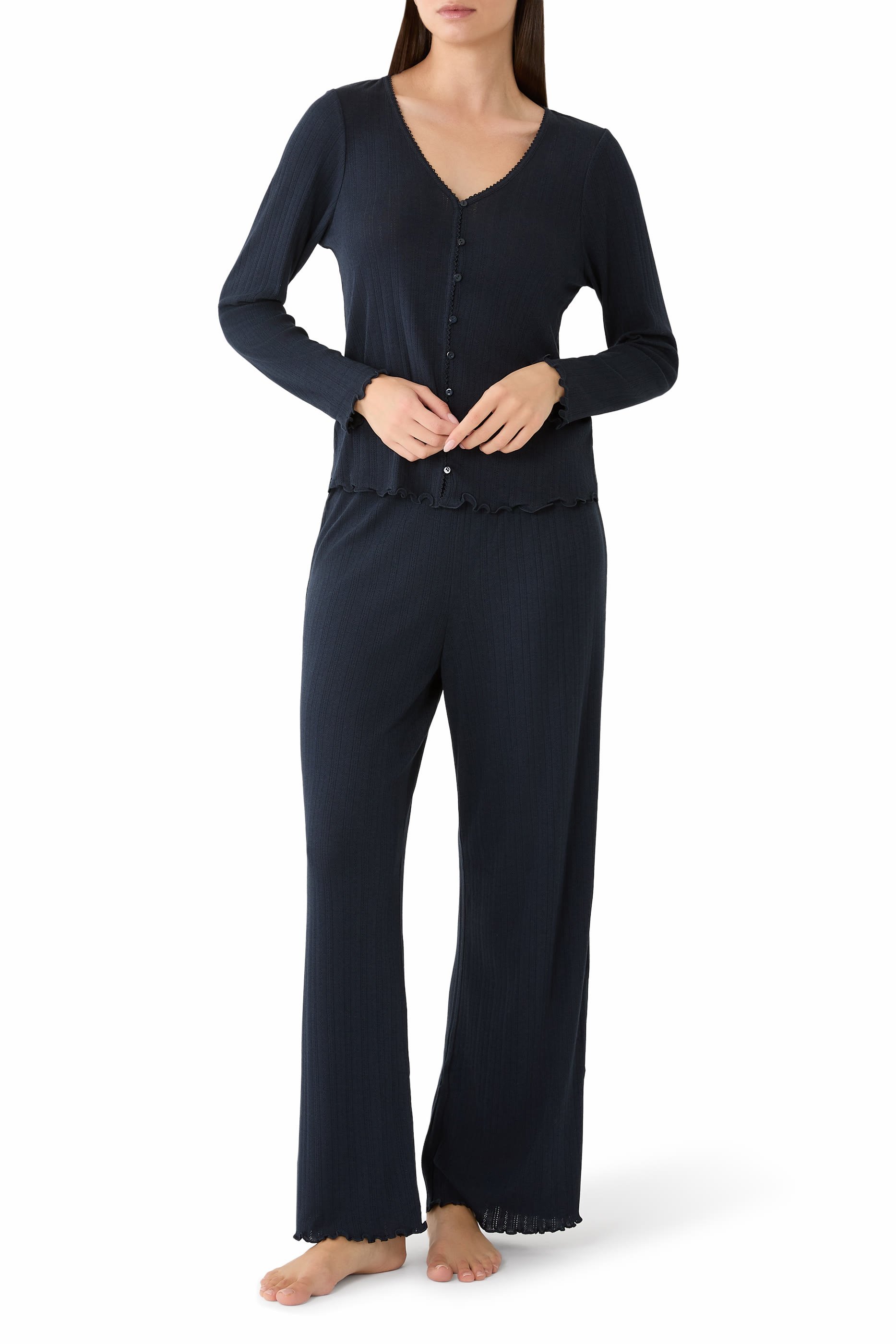 Pointelle Button Through Henley PJ Top 