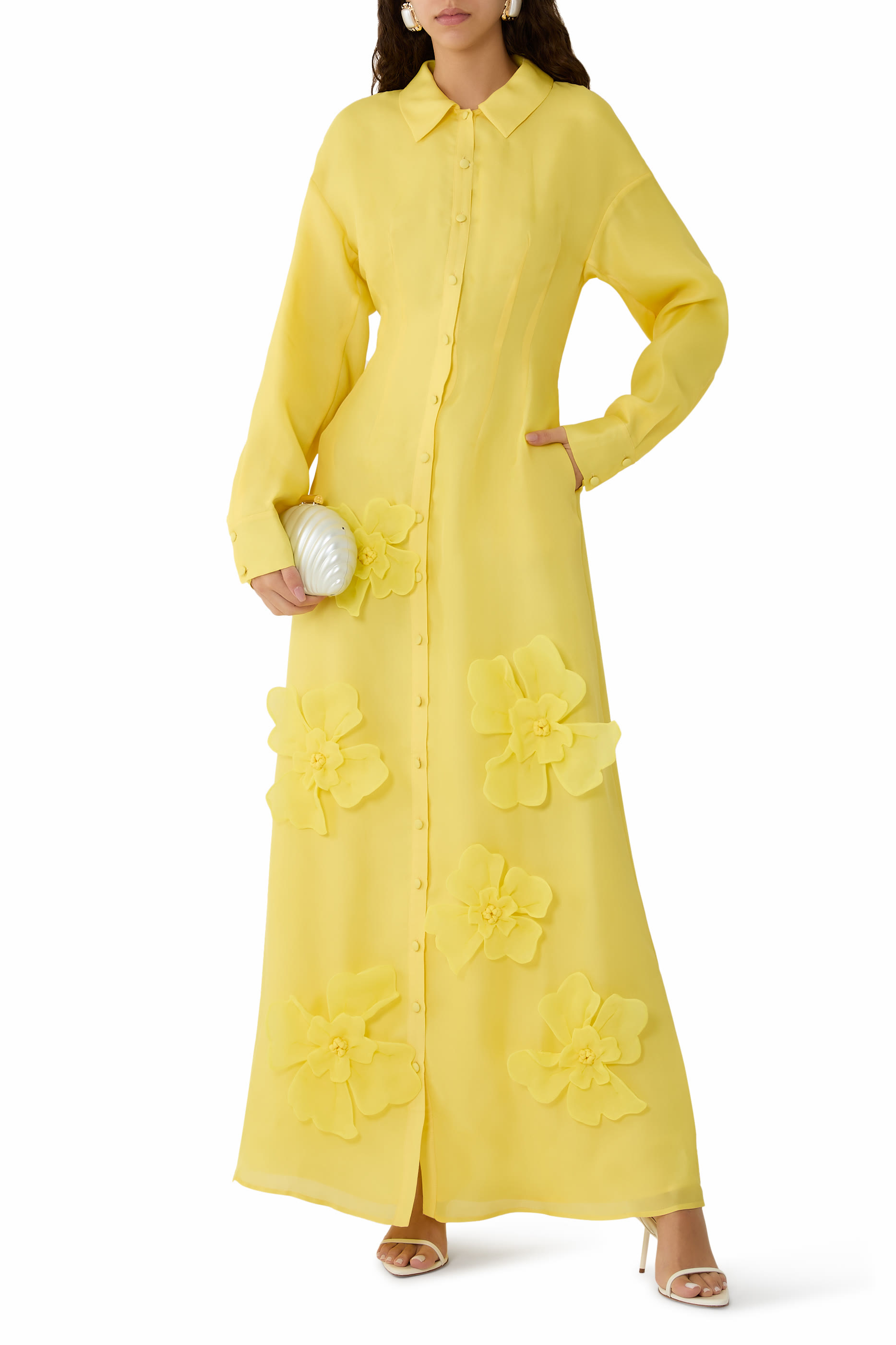 فستان جانيت طويل بزهور بارزة الملمس حرير