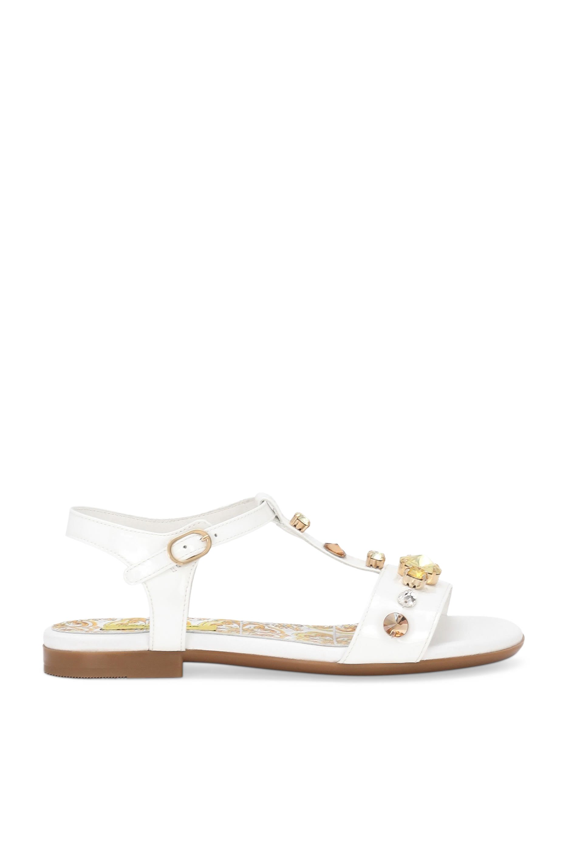 صندل جلد عجل بنقشة مايولكا بلون أصفر وكريستال سواروفسكي للأطفال