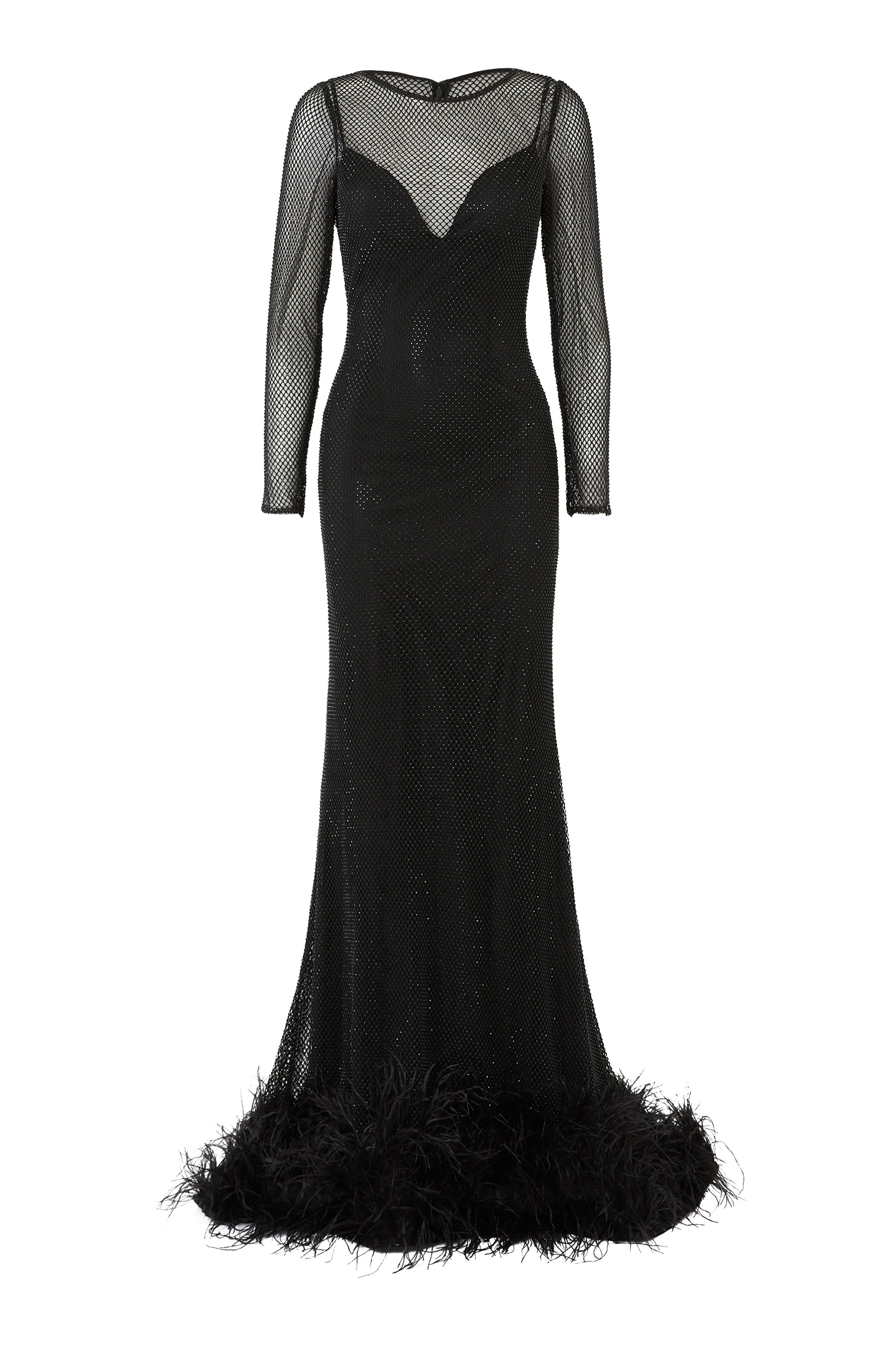 فستان سهرة بحافة مزينة بالريش قماش شبكي