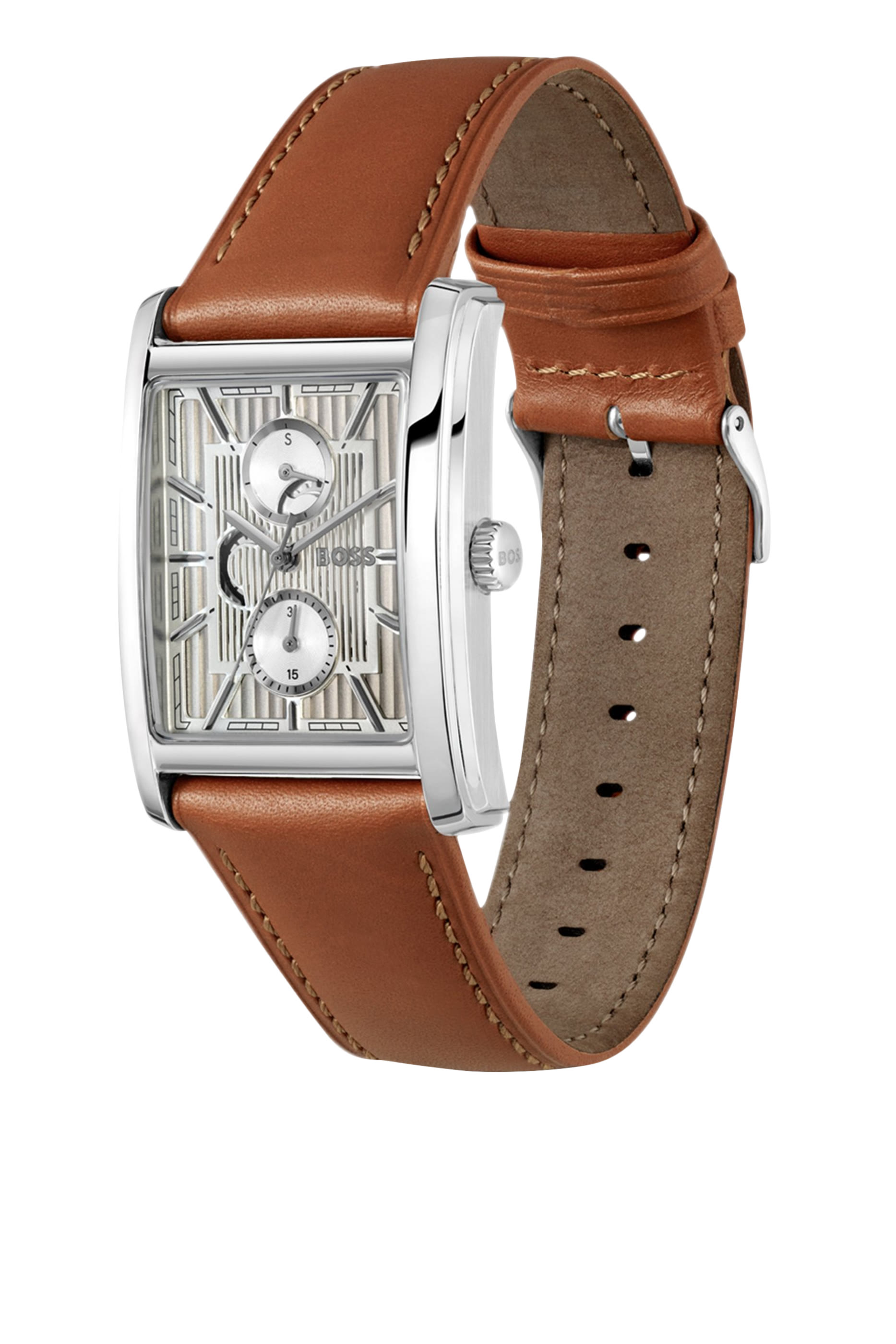 Silver-Tone Rectangular Watch with Textured Skeleton Dial