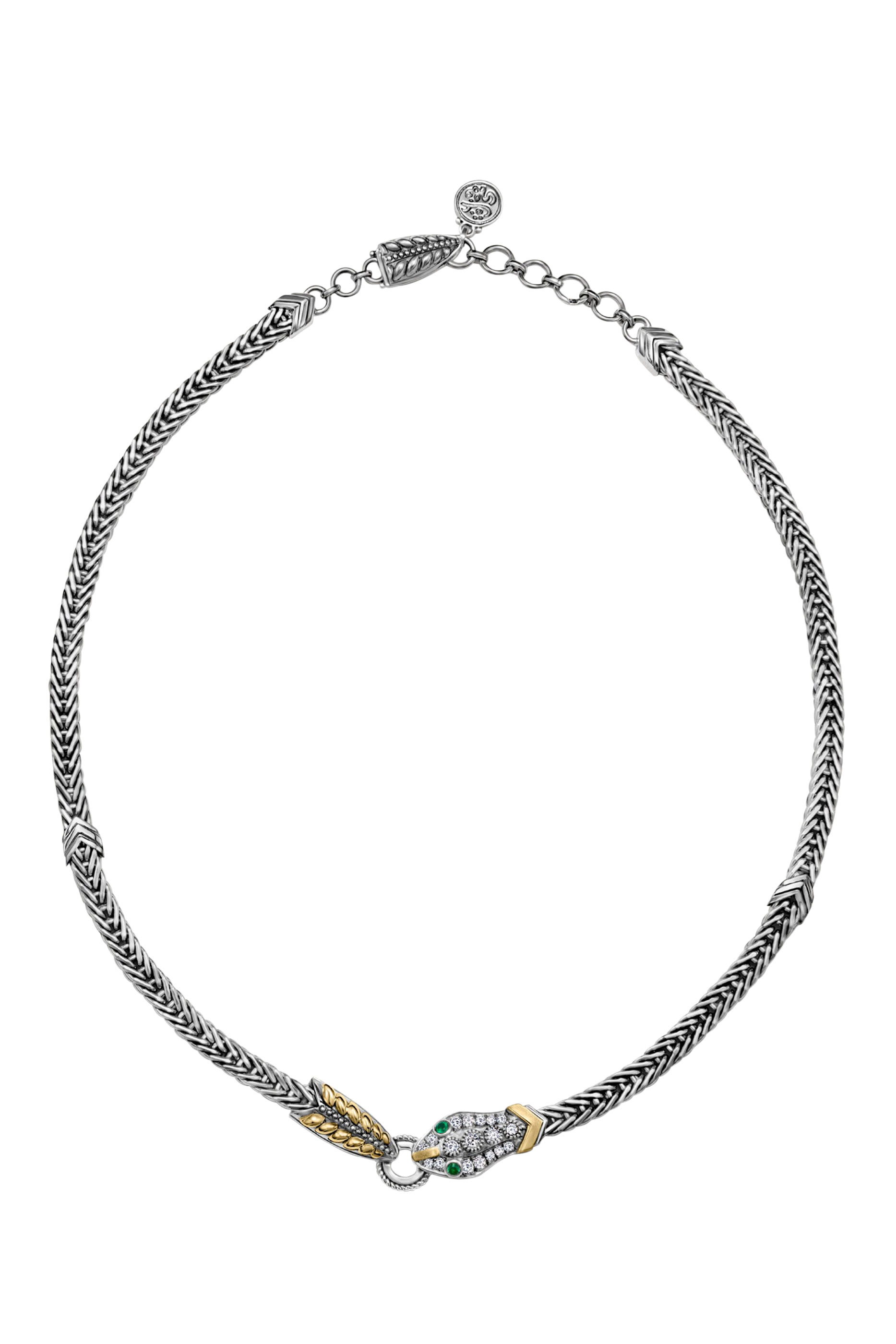 قلادة ريفايفل بإغلاق على شكل أفعى مرصعة بحجر العقيق الأخضر والماس، ذهب أصفر عيار 18 وفضة إسترلينية