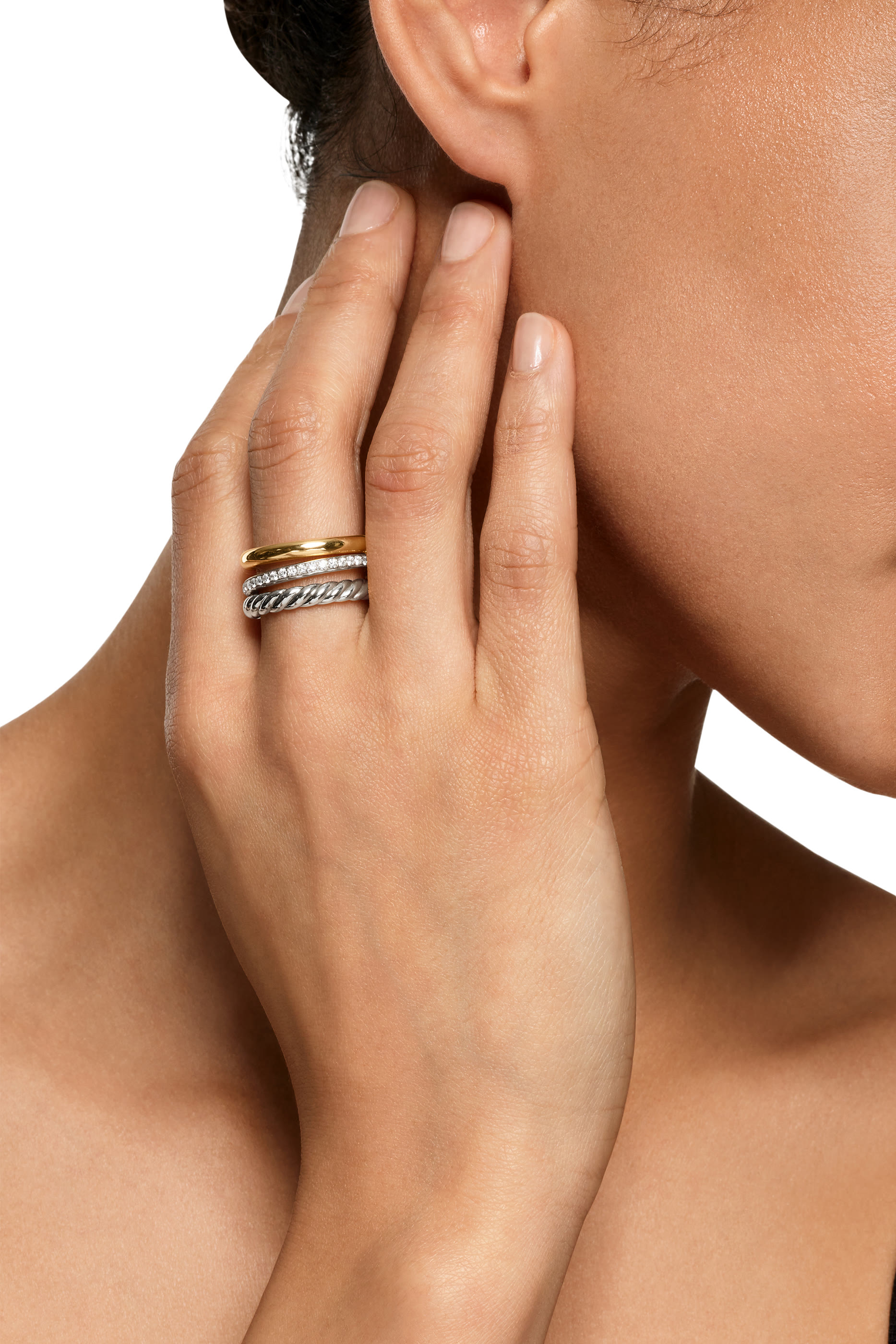 خاتم ميرسير دي واي بثلاث حلقات مرصع بماس، ذهب أصفر عيار 18 وفضة استرلينية