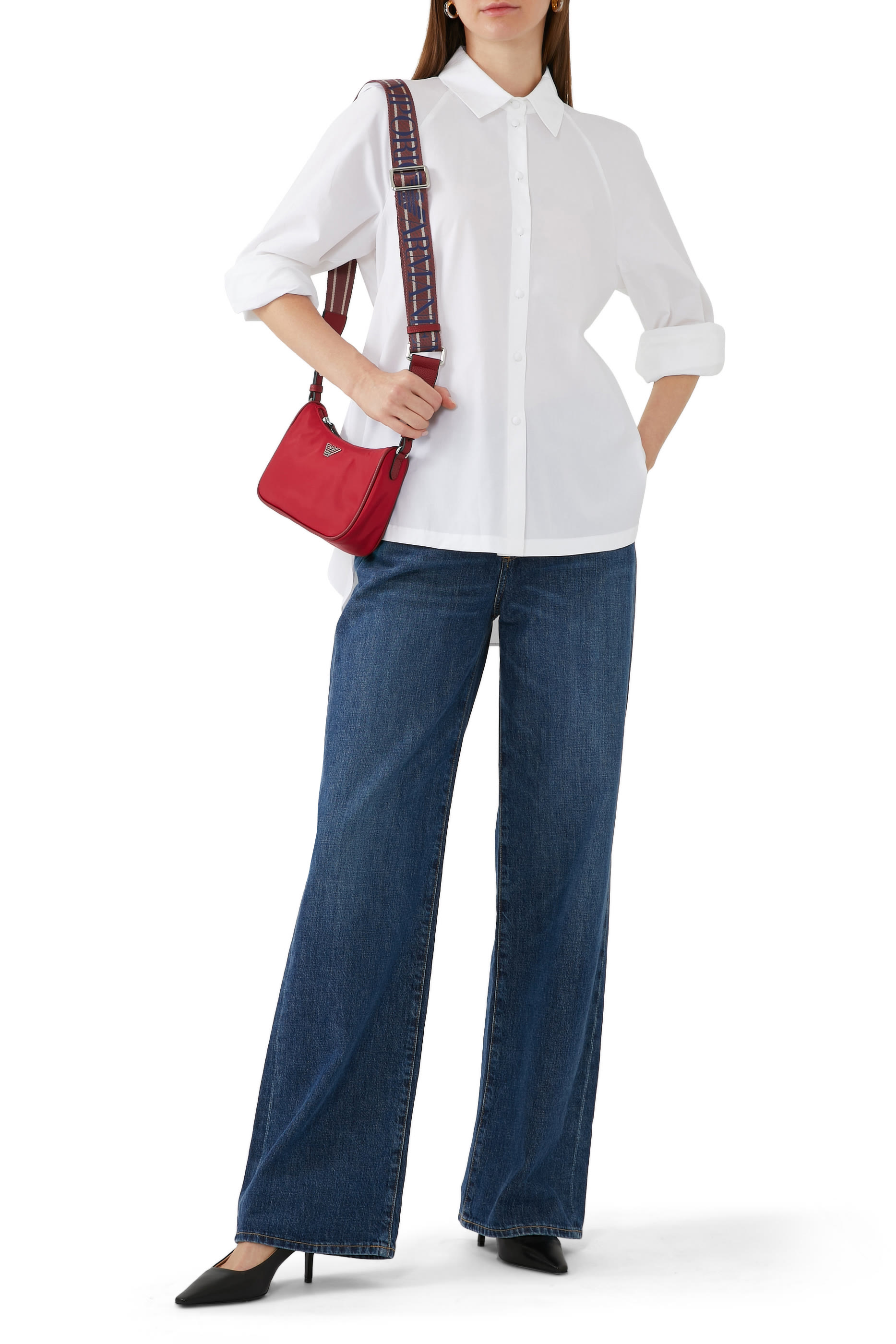 قميص بتصميم طويل من الخلف بكشكش وأكمام طويلة بوبلين