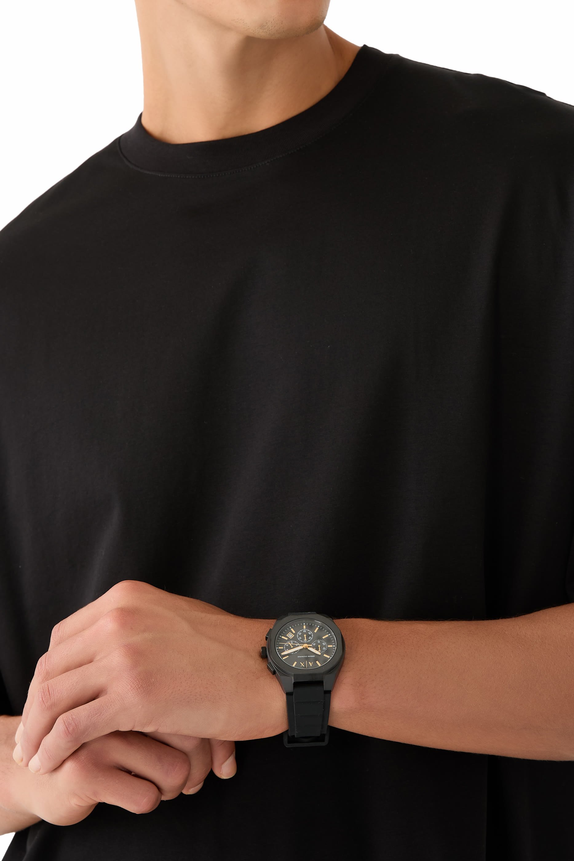 طقم ساعة كرونوغراف بسوار سيليكون أسود مع شارة أمتعة