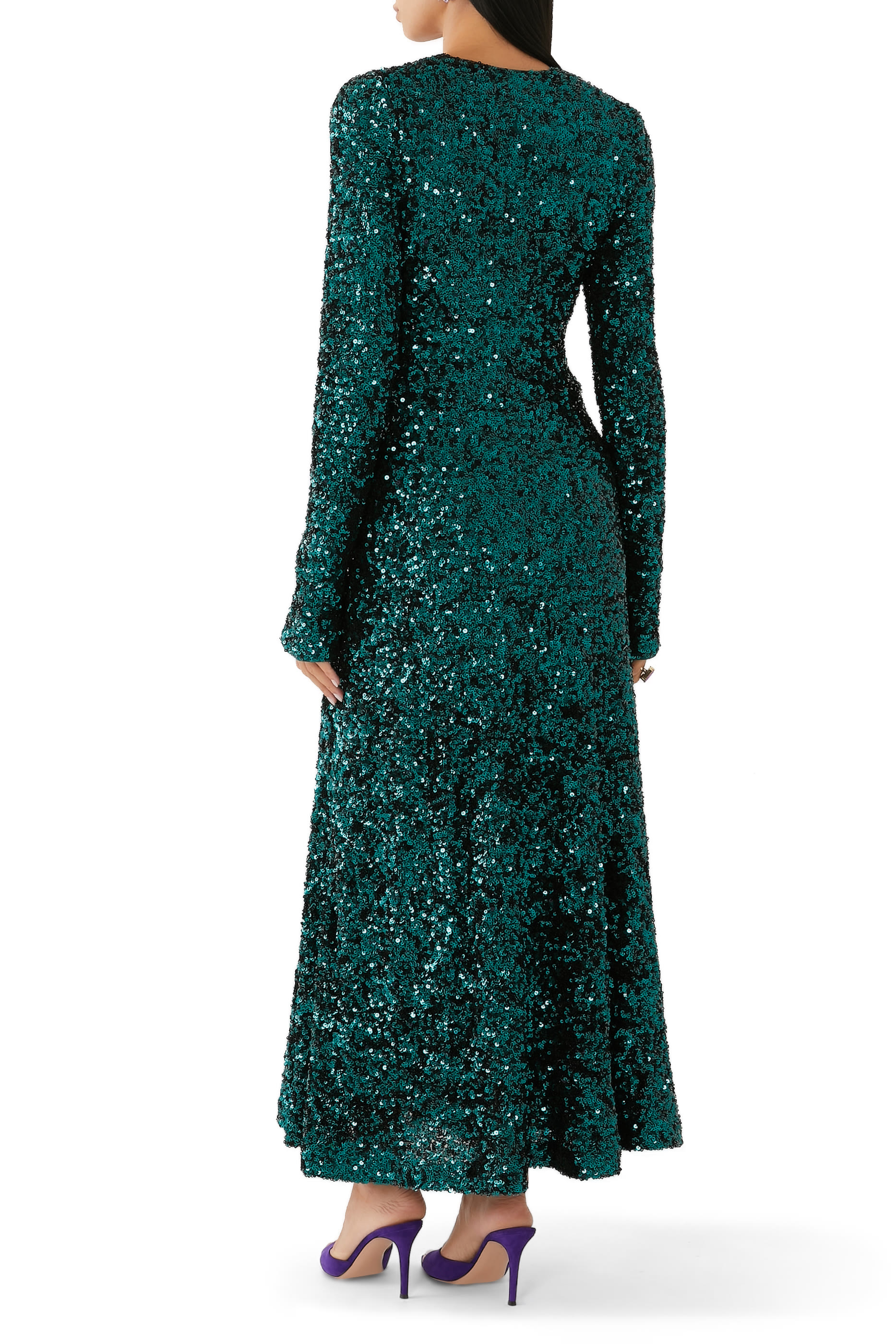 فستان متوسط الطول بفتحة مطرز بالترتر