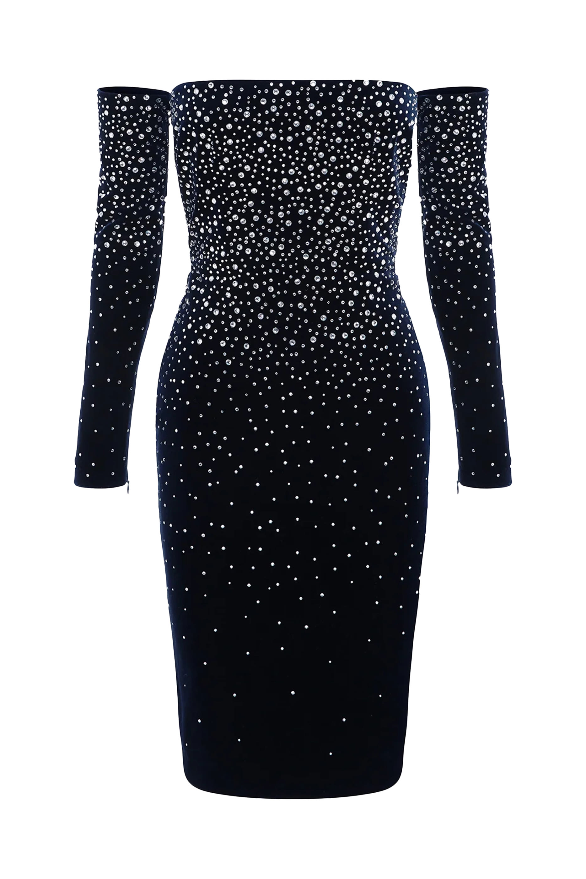 فستان بأكمام طويلة وأكتاف مكشوفة مزين بكريستال قماش مخملي