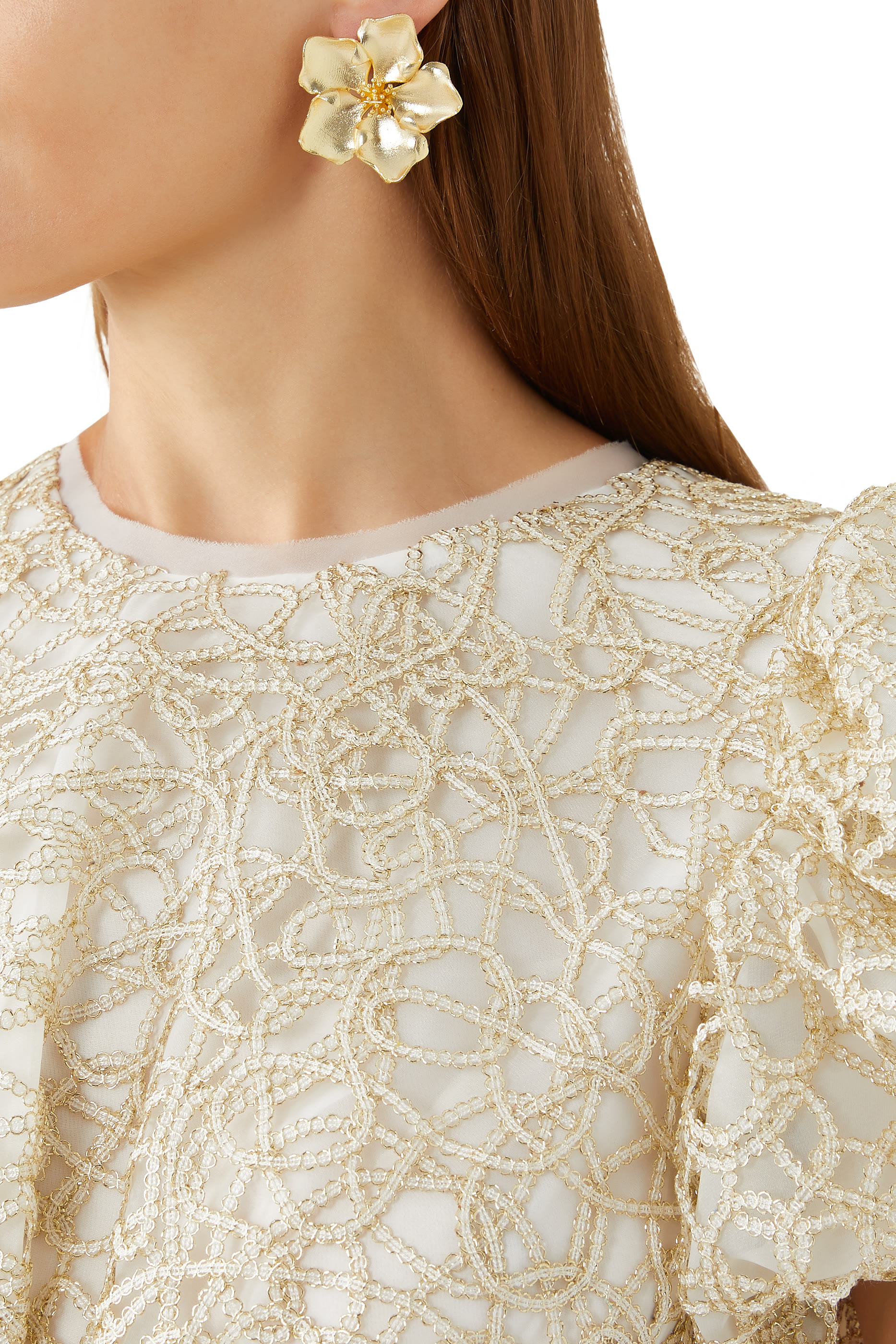 أقراط ايس بتصميم زهور نحاس مطلي بذهب عيار 18