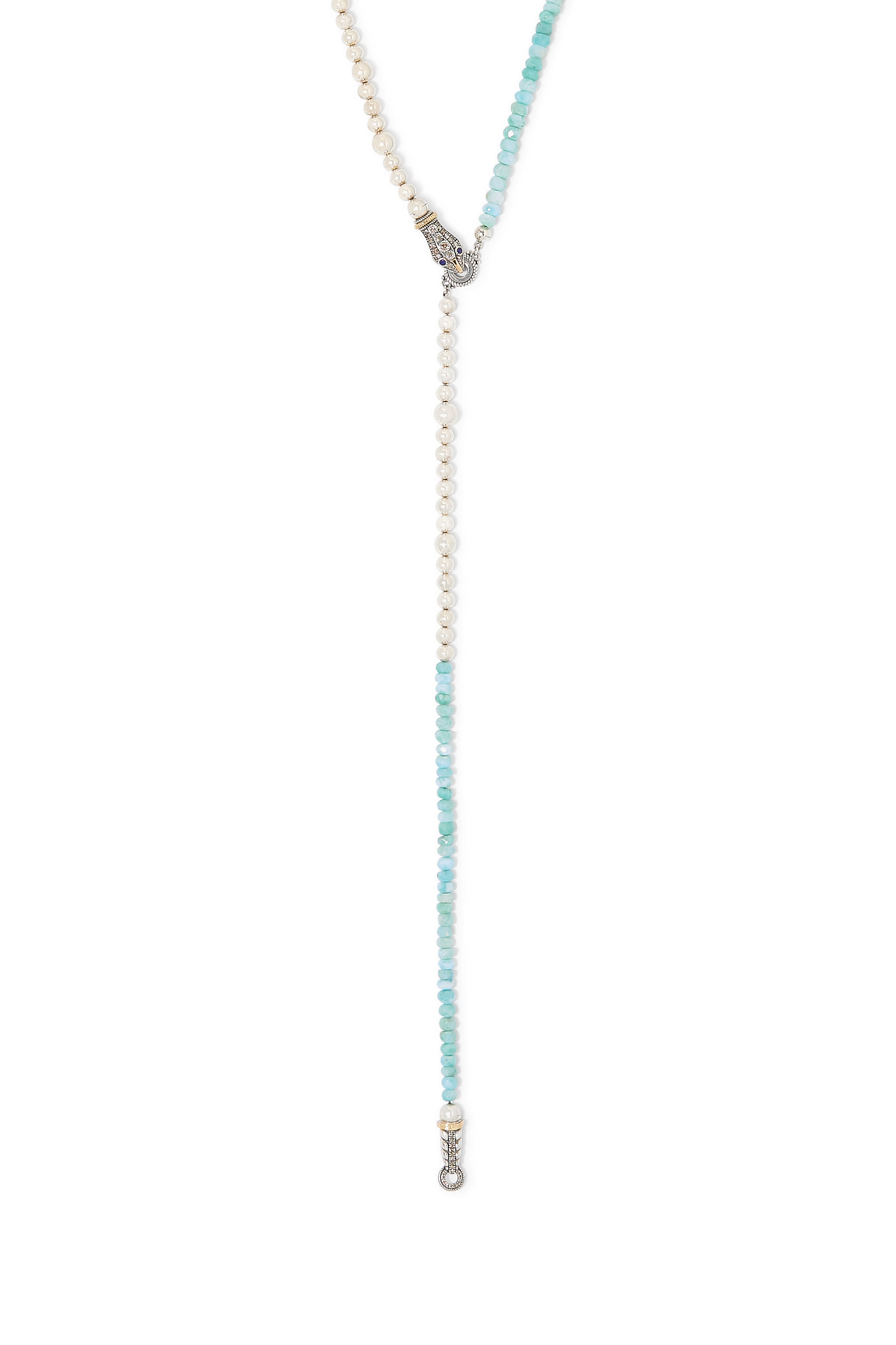 Beaded Snake Necklace, 18K Yellow Gold with Sterling Silver, Diamonds & Lapis-Larimar Beads