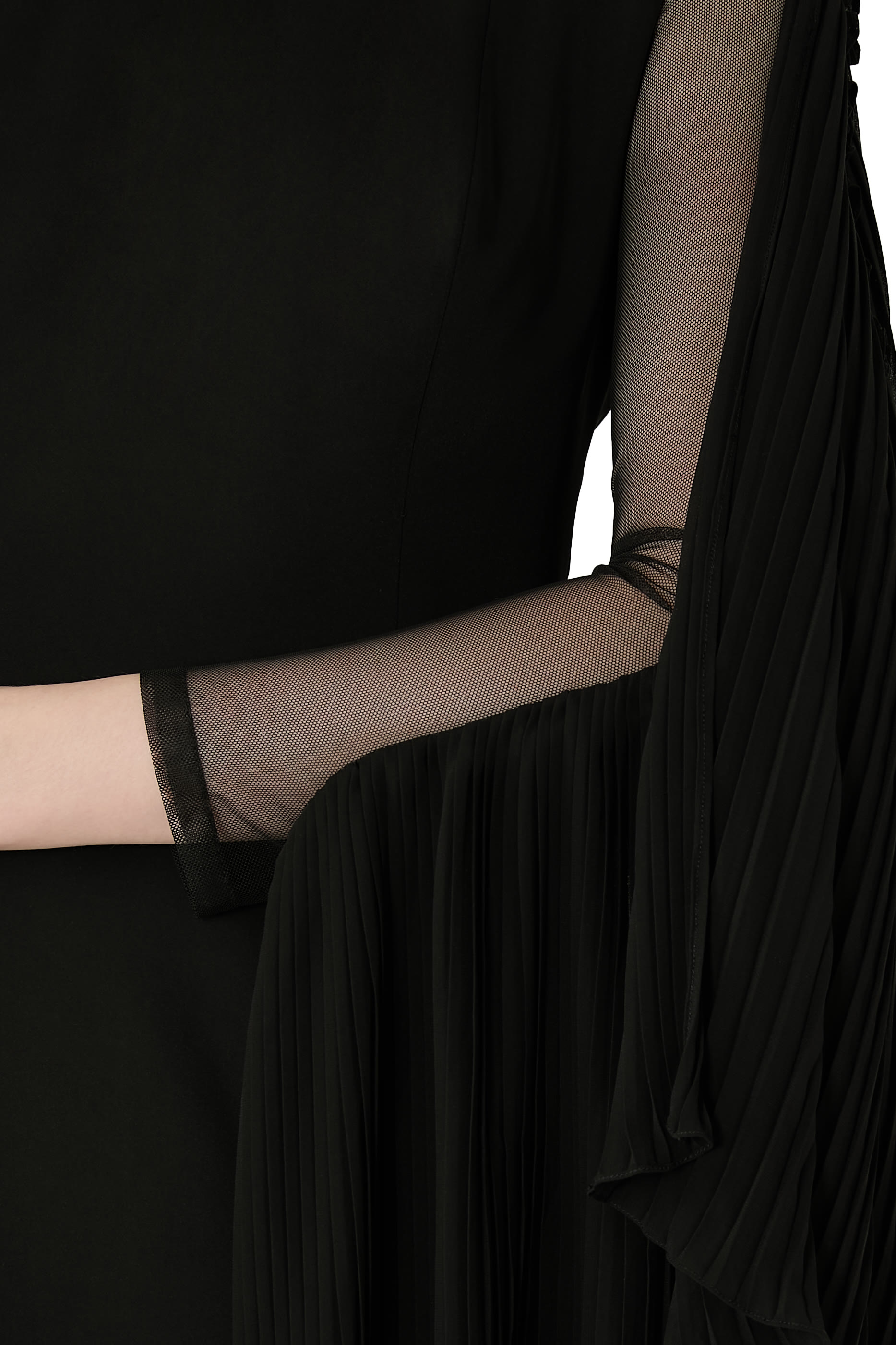 فستان سهرة كريب بأكمام طويلة شفافة بشرابات بطيات شيفون