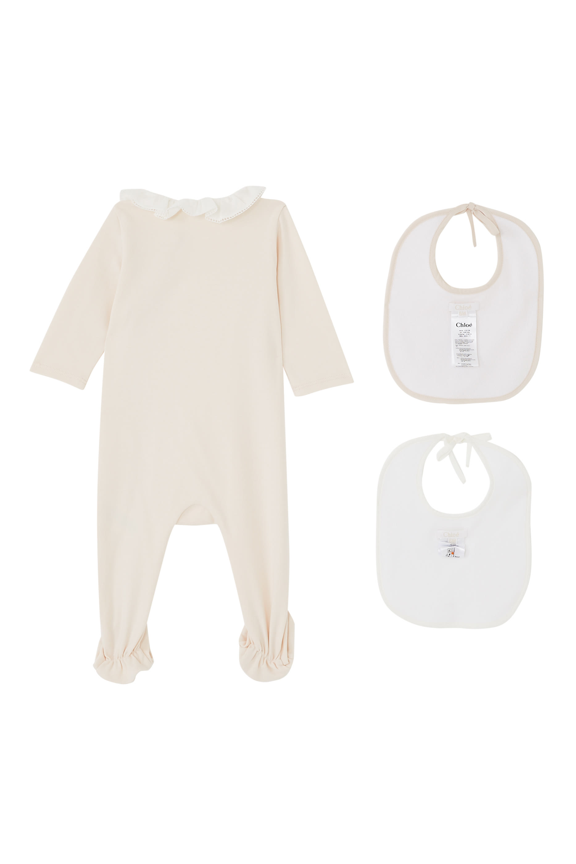 طقم لباس قطعة واحدة بدانتيل ومريلة للأطفال، 3 قطع