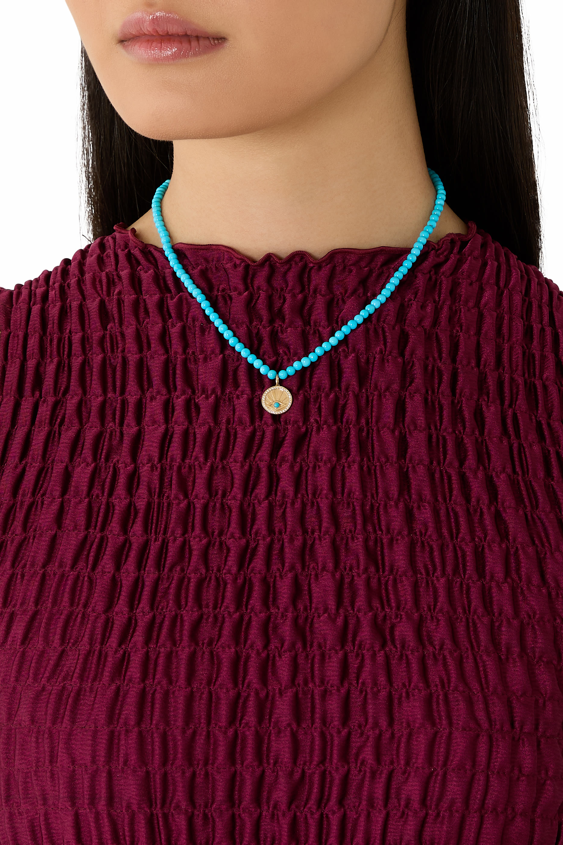 قلادة بدلاية دائرية بعين حسود مزينة بالفيروز والماس، ذهب أصفر عيار 14