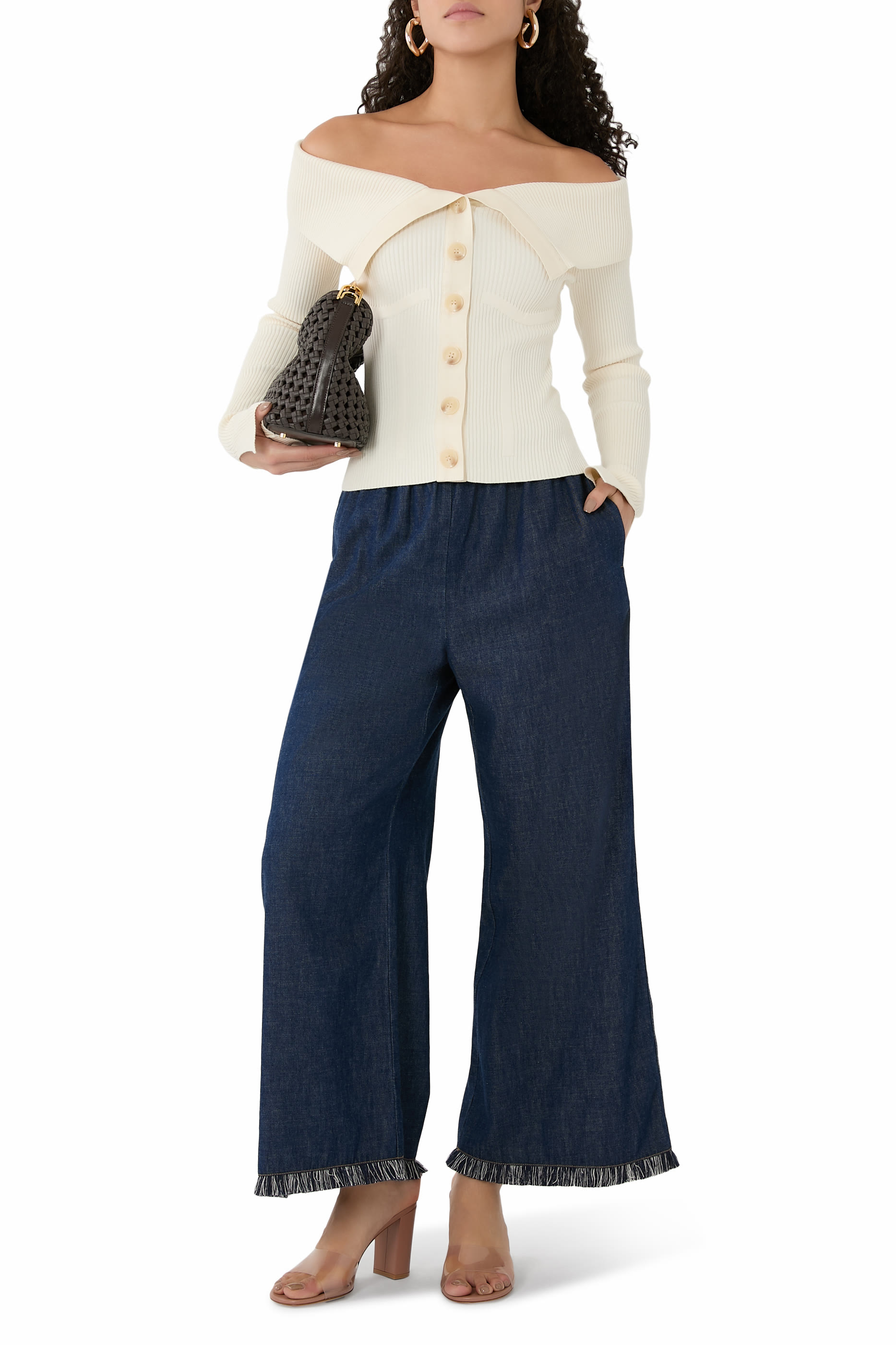 بنطال جينز ريانون بقصة ساق واسعة مزين بشراشيب دنيم 