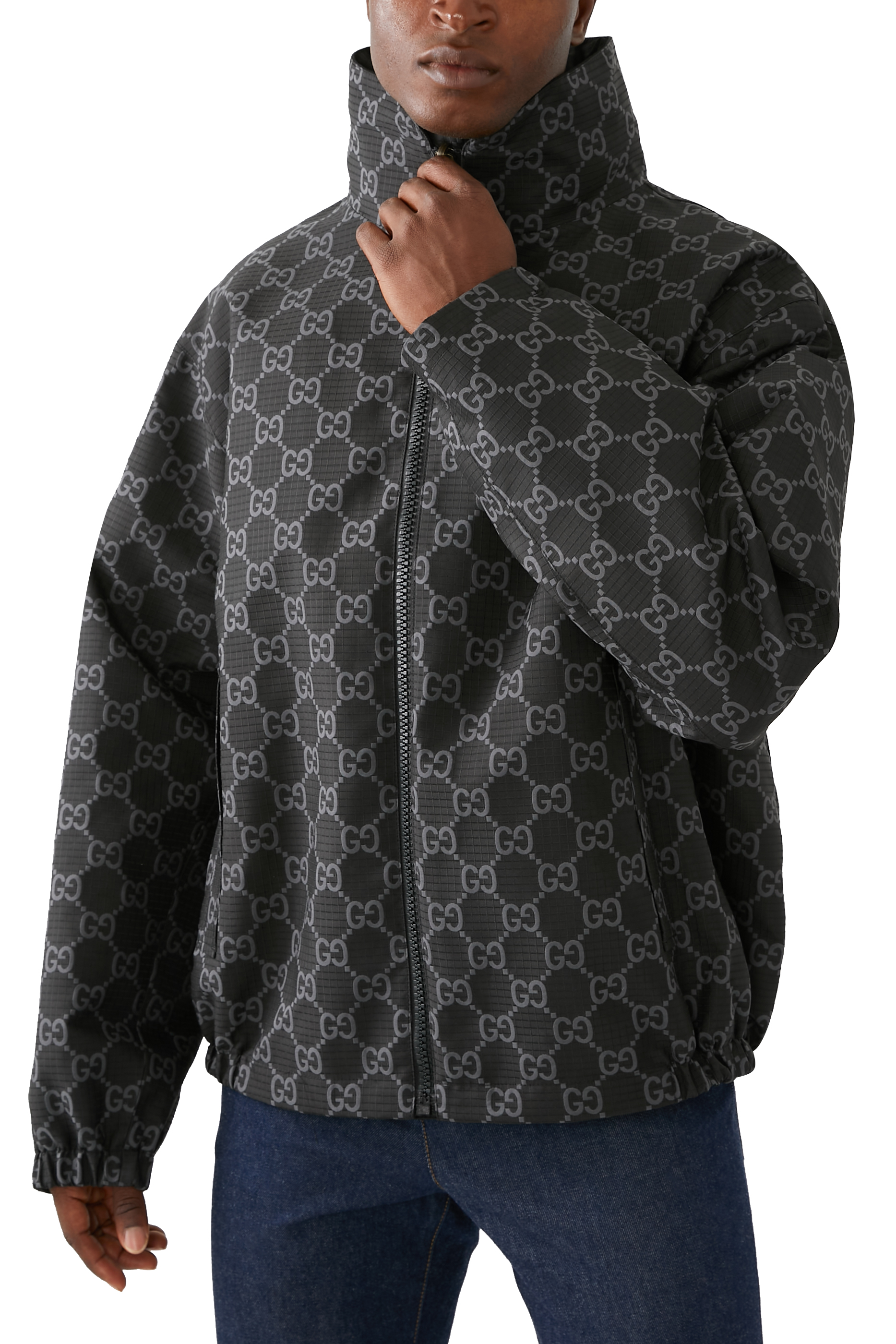 جاكيت بتصميم وجهين ونقشة حرفي شعار الماركة قماش مقاوم للتمزق