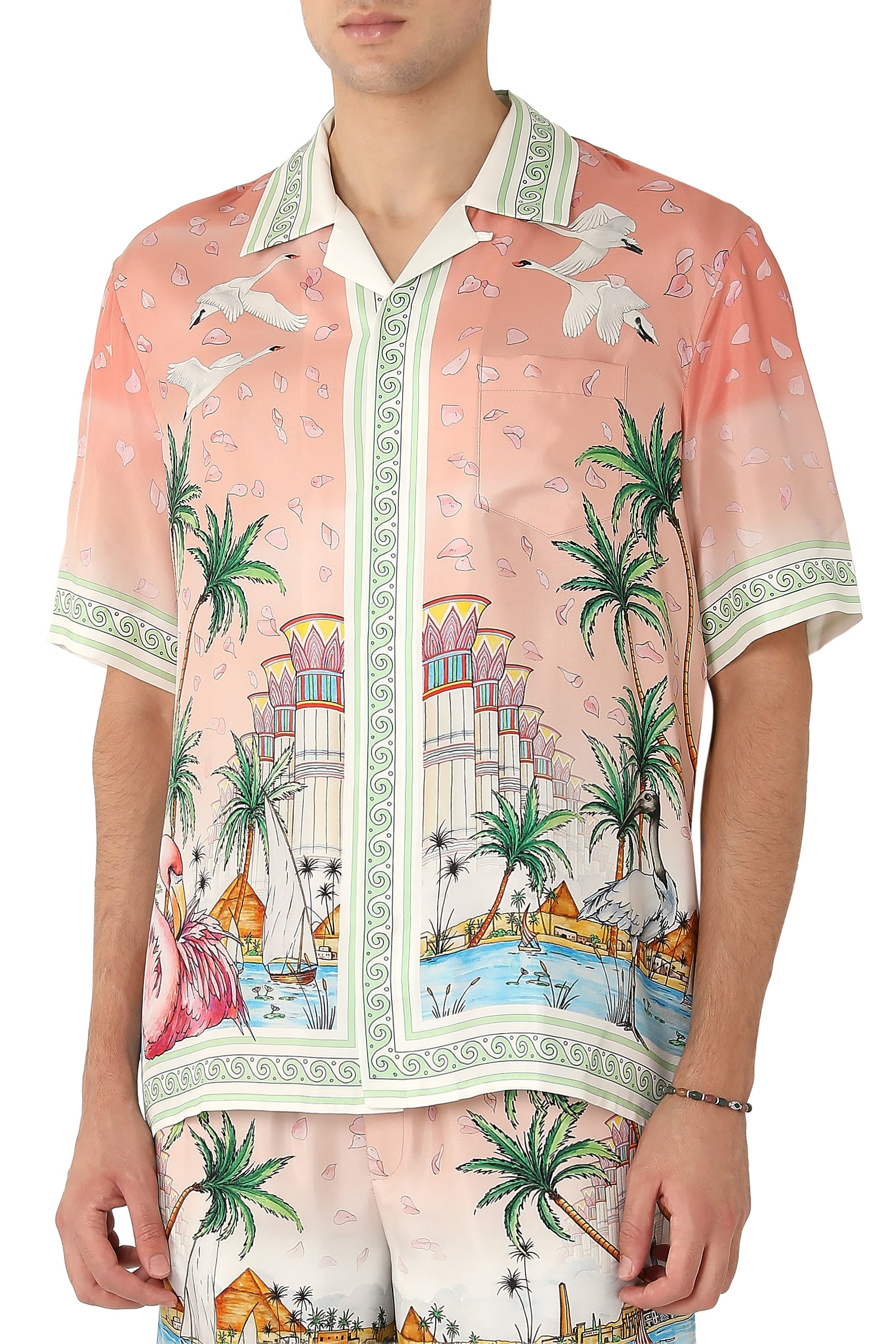 Radiating Monogram Short Sleeve Silk Shirt