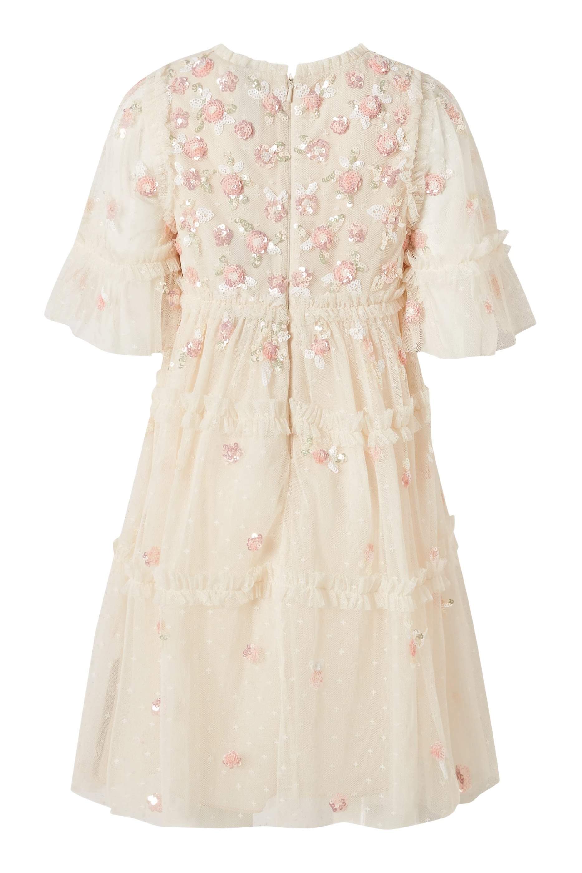 فستان بأكمام قصيرة تول مزين بزهور لامعة