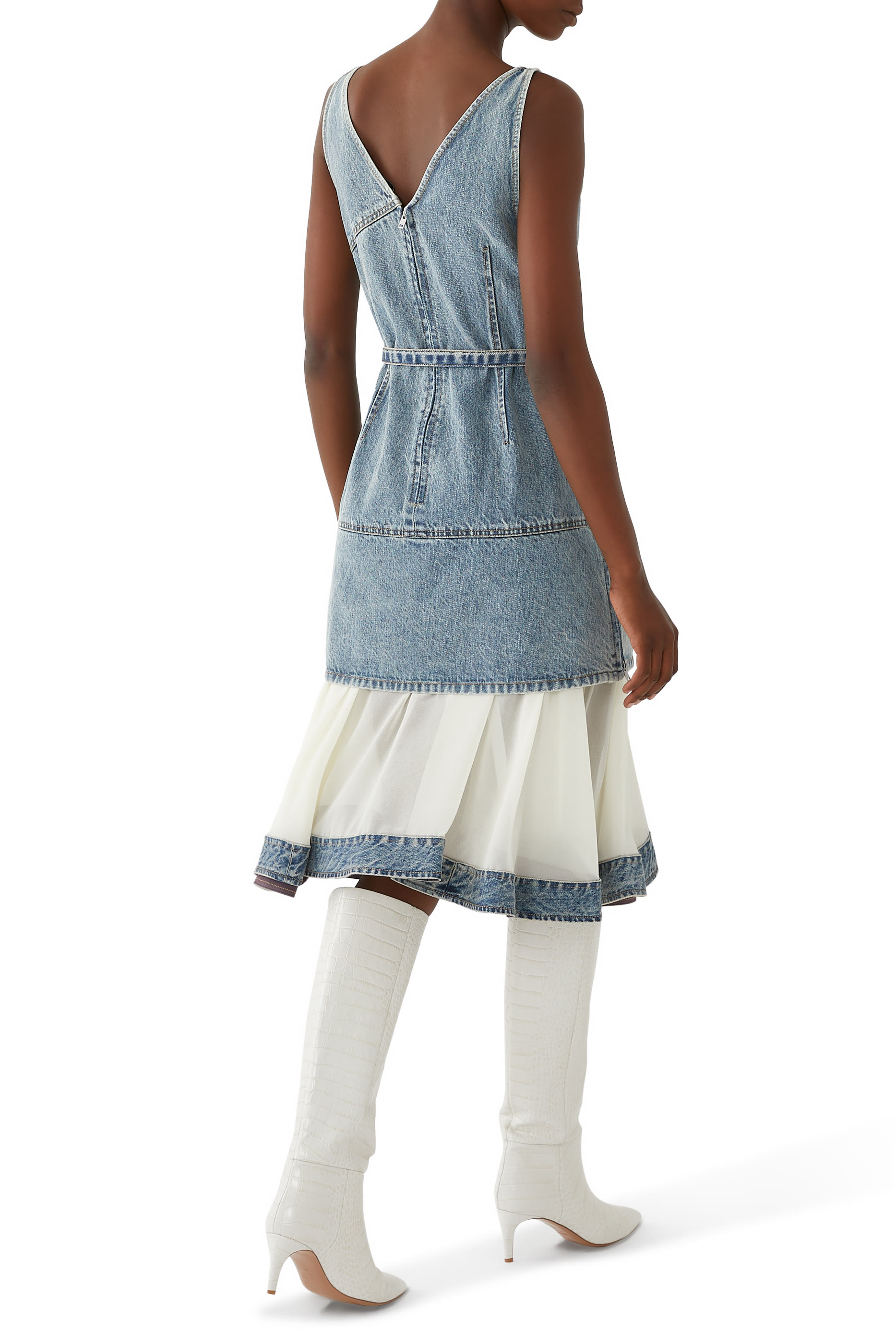 فستان دنيم بياقة V بحافة شيفون