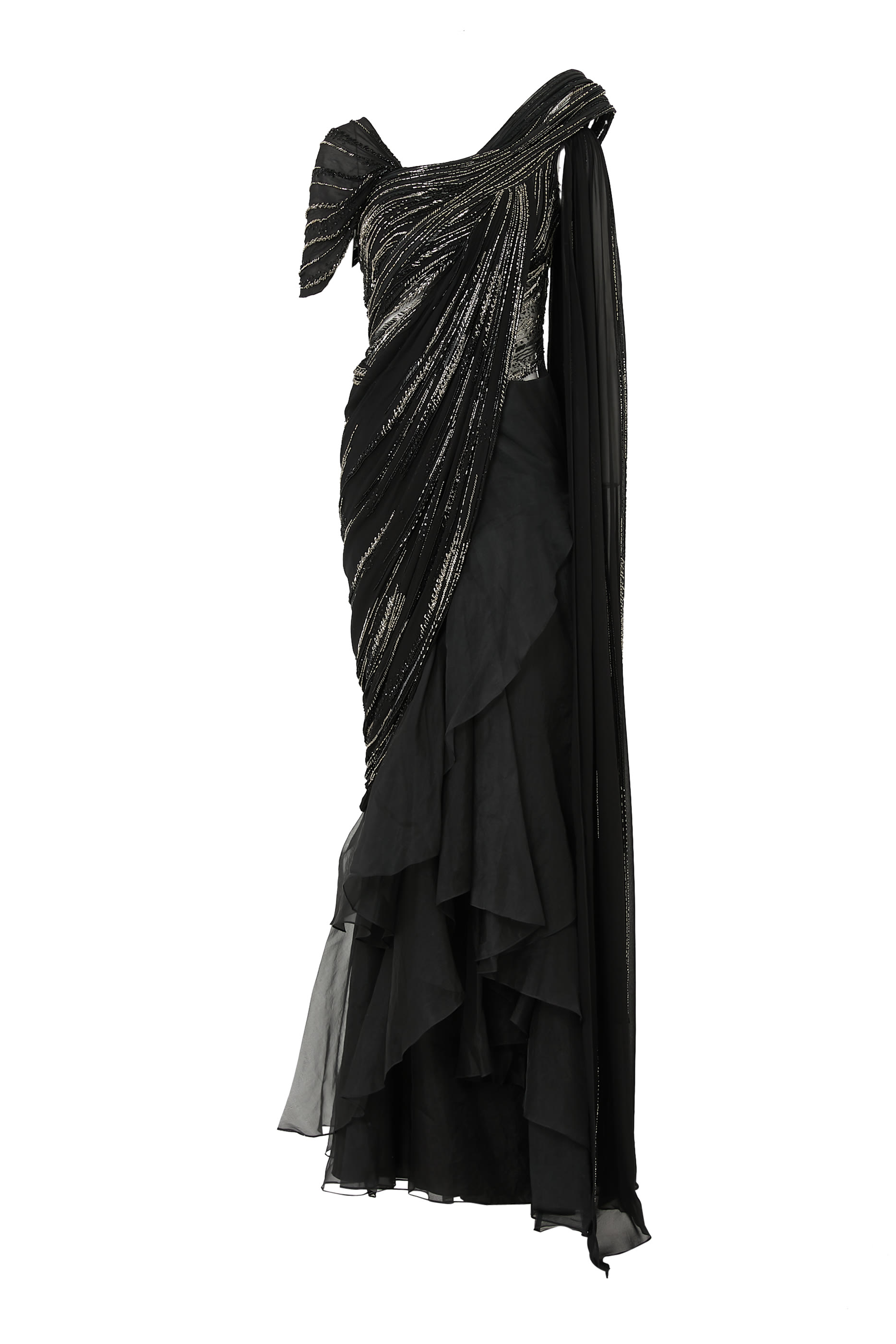 فستان سهرة بكتف واحد وتفاصيل بتصميم ساري