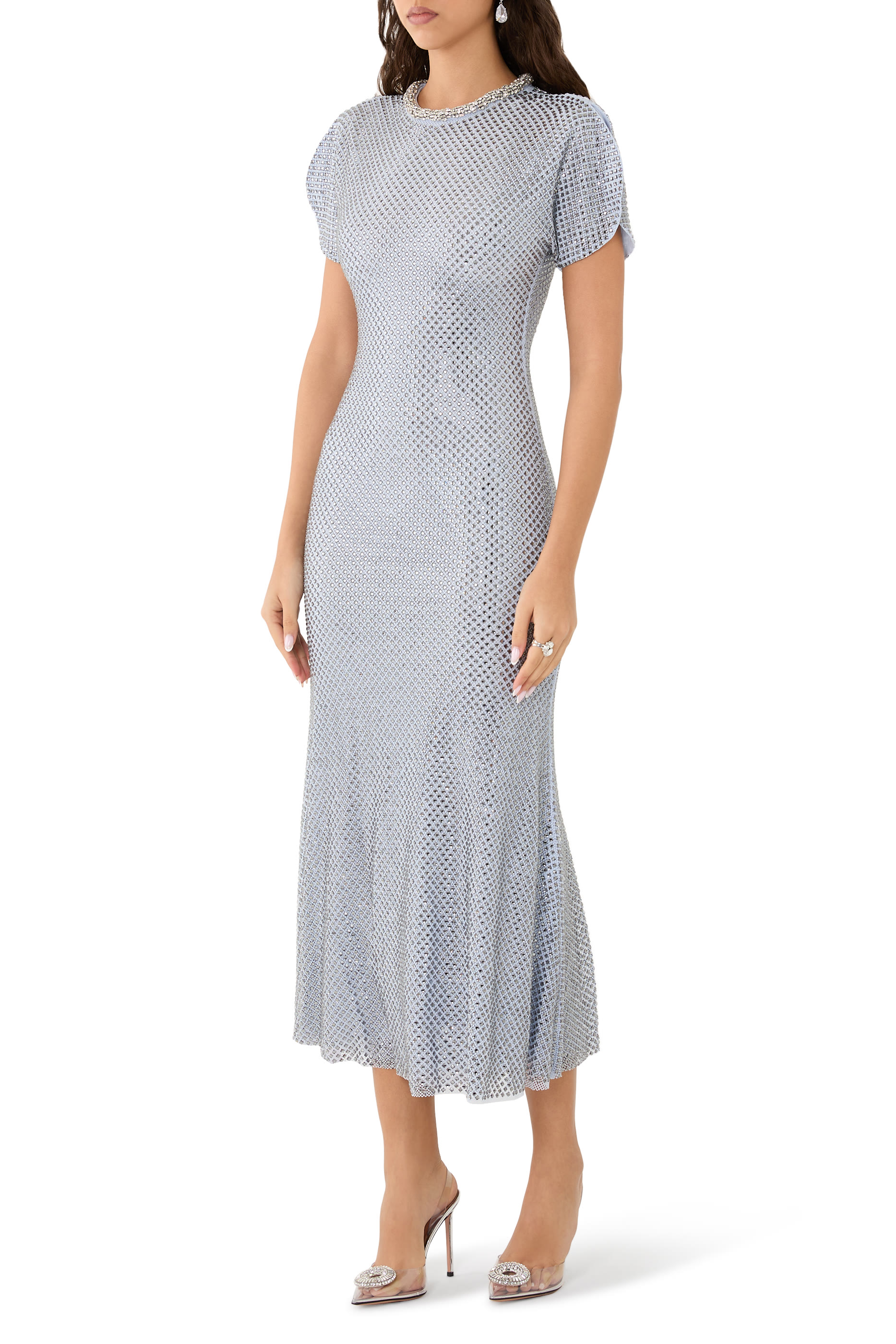 فستان متوسط الطول قماش شبكي بأحجار الراين