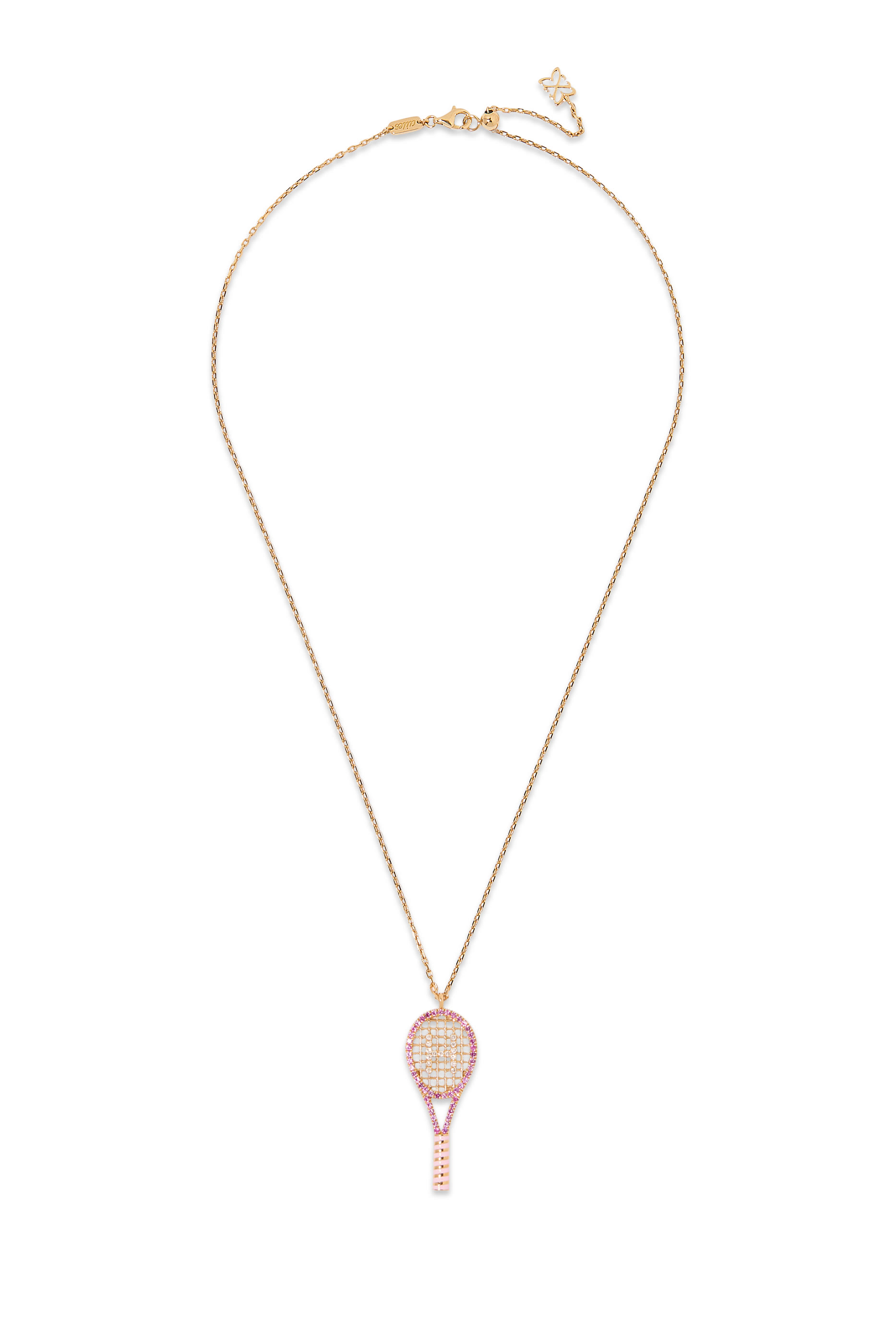 Letter 'H' Tennis Racket Necklace, 18K Yellow Gold with Diamonds & Sapphires