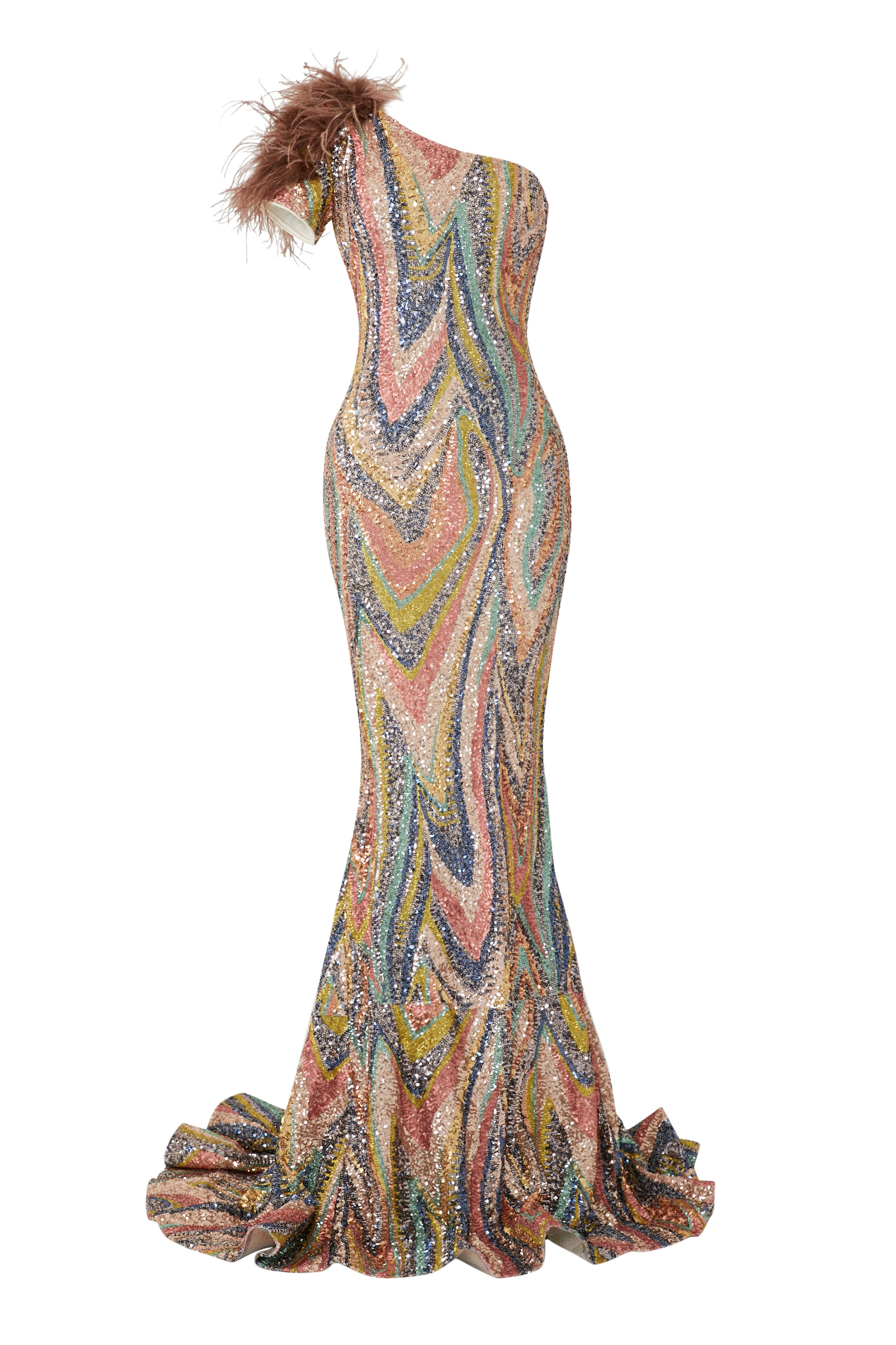 فستان سهرة مزين بالريش عند الكتف