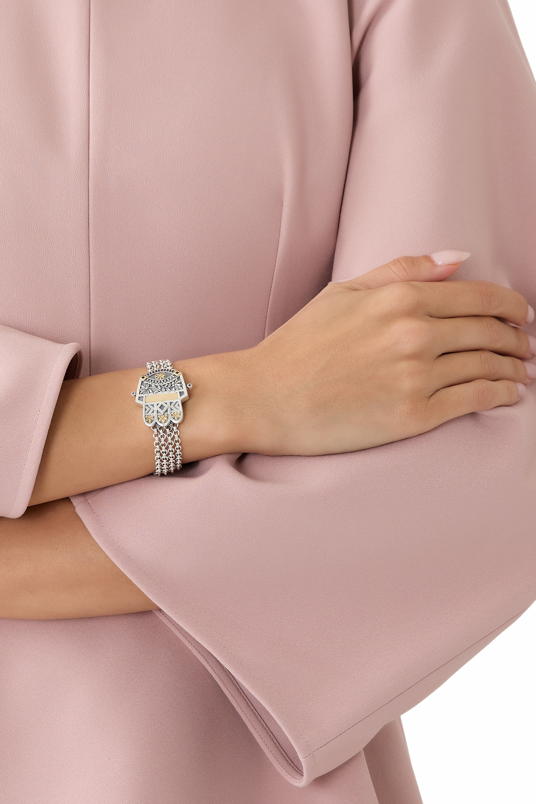 سوار برمز الكف المملوكية متعدد السلاسل بالرودوليت، فضة إسترلينية وذهب أصفر عيار 18