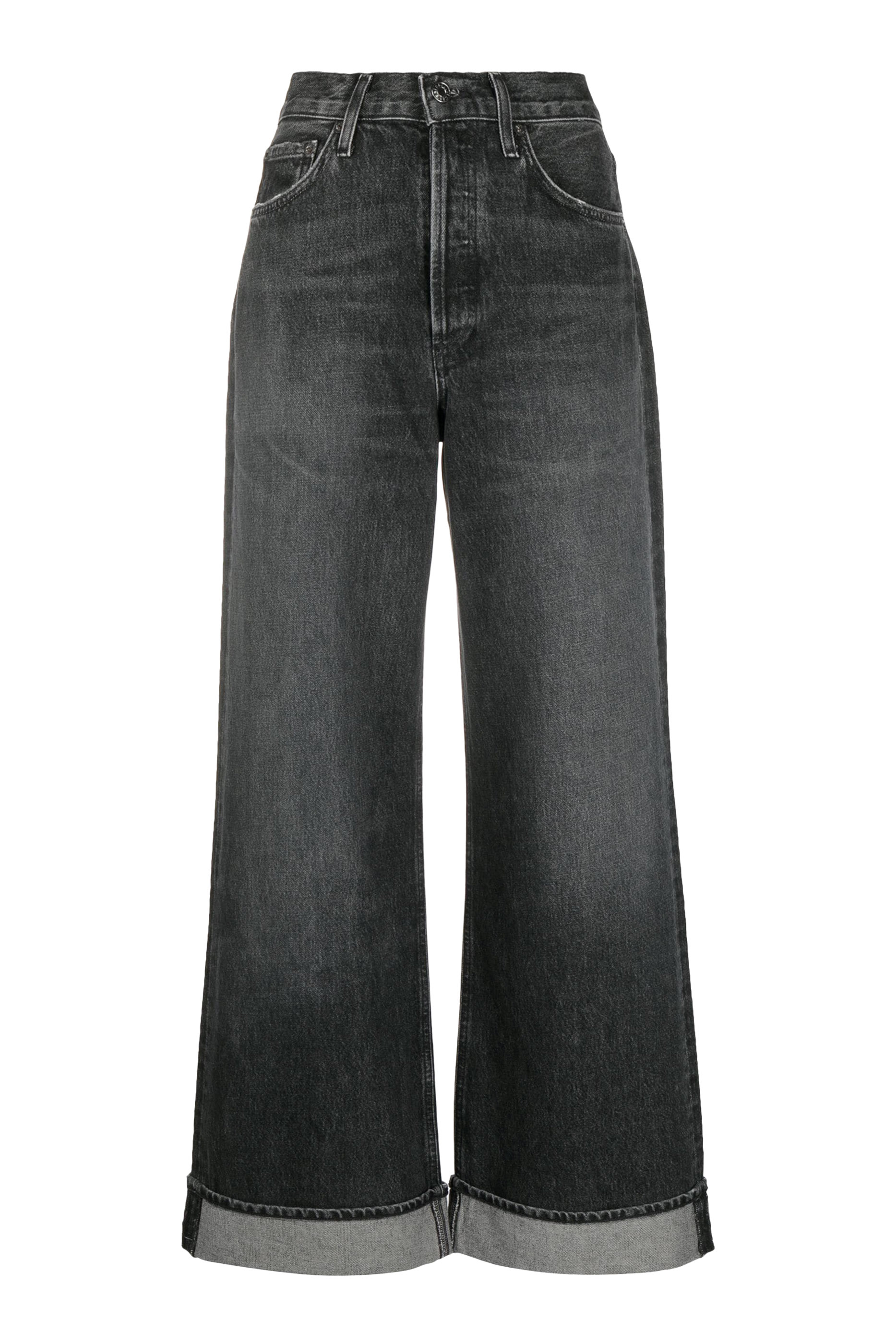 بنطال جينز دنيم بقصة ساق واسعة وخصر مرتفع