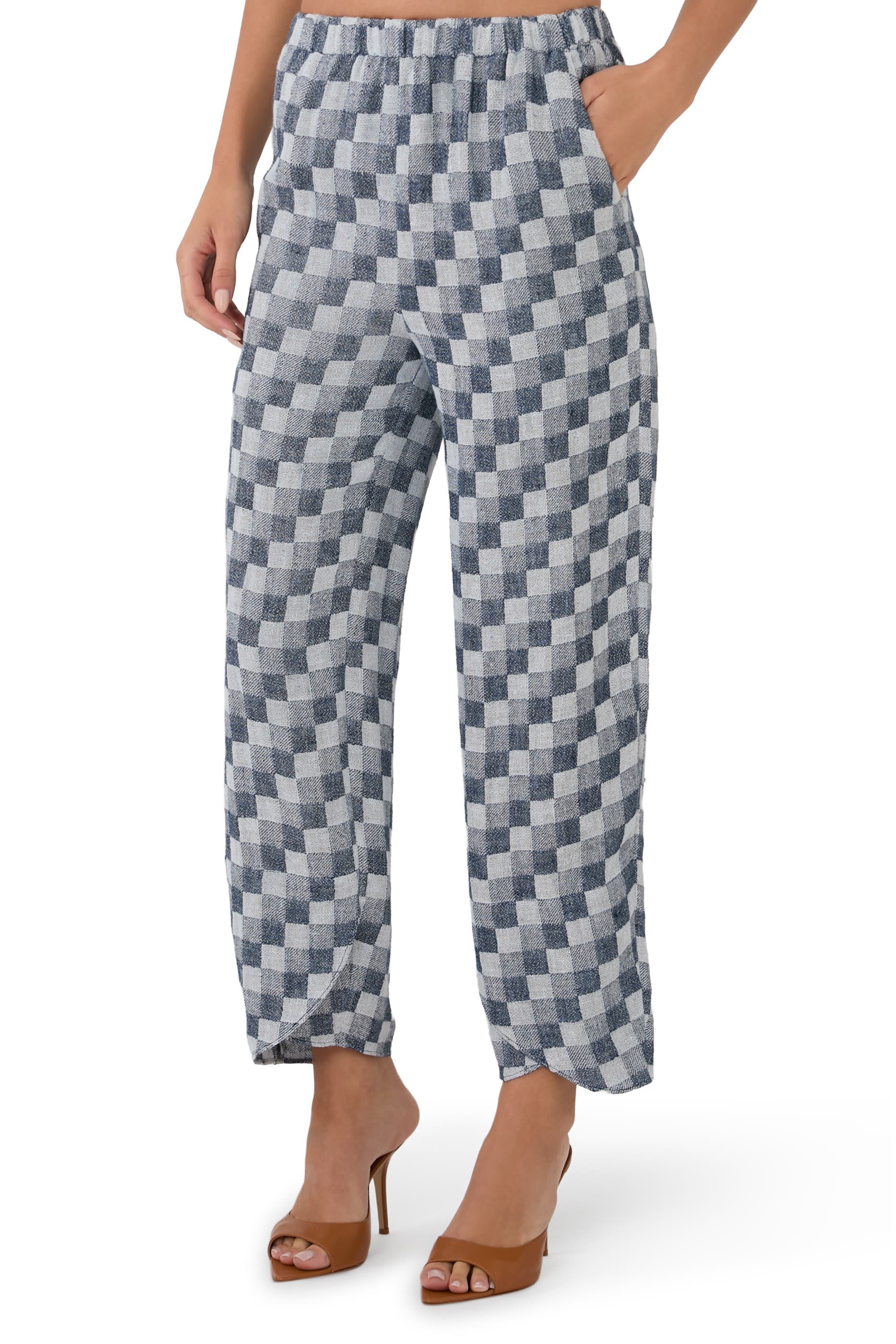 Check Pattern Linen Gauze Wide Trousers