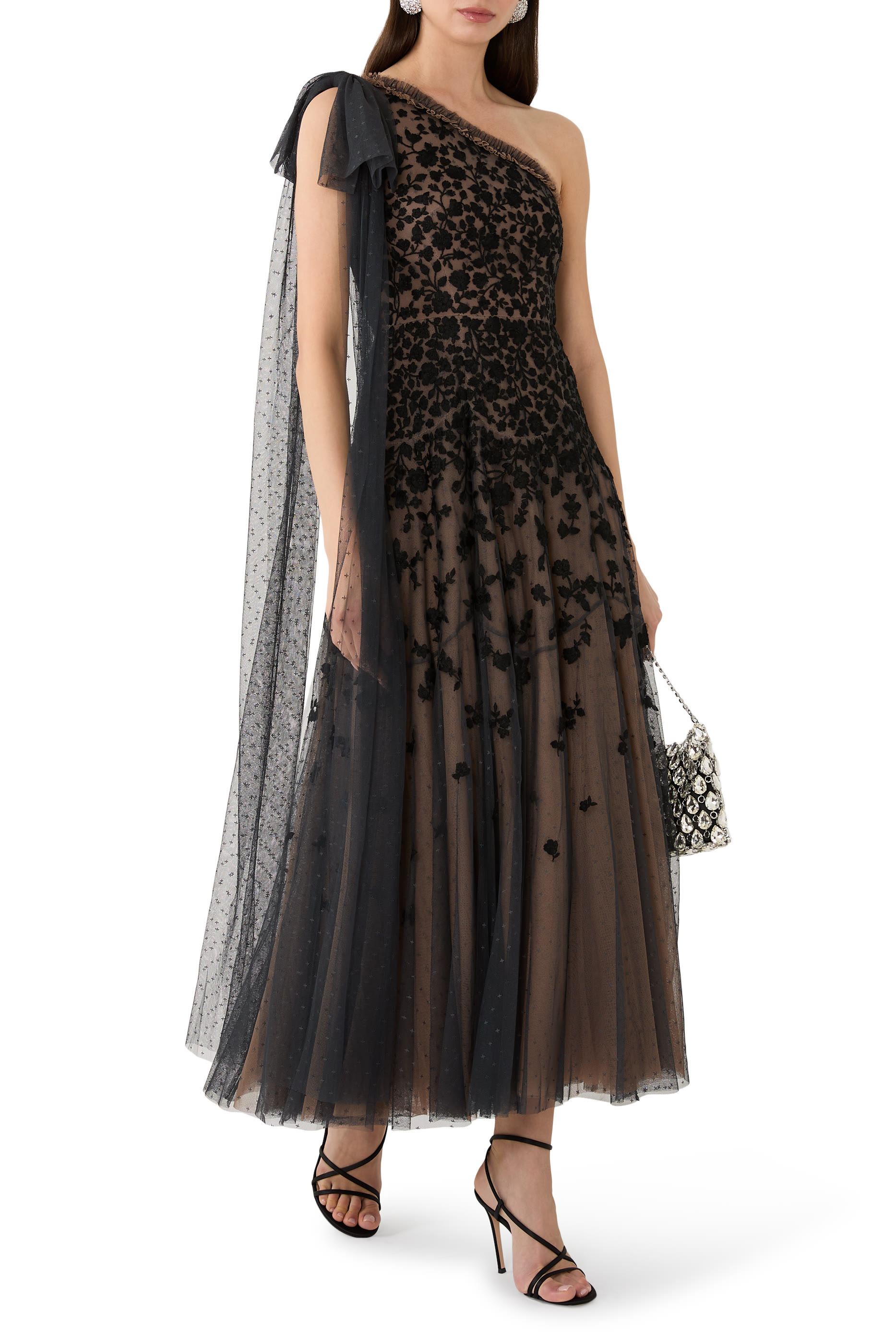 Sylvia Rose One-Shoulder Bow Ankle Gown