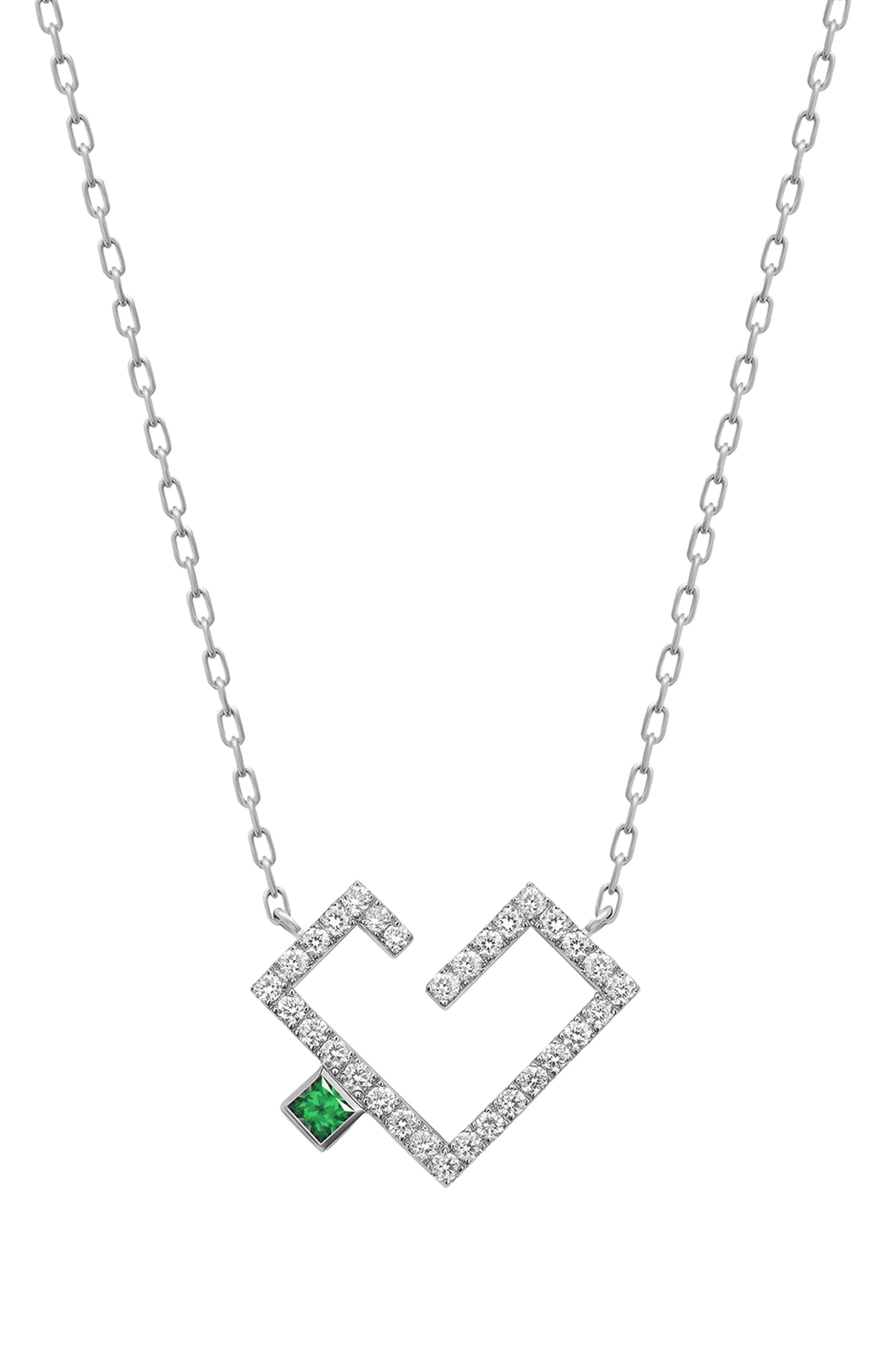  Small Hubb Necklace, 18K White Gold with Diamonds & Emerald
