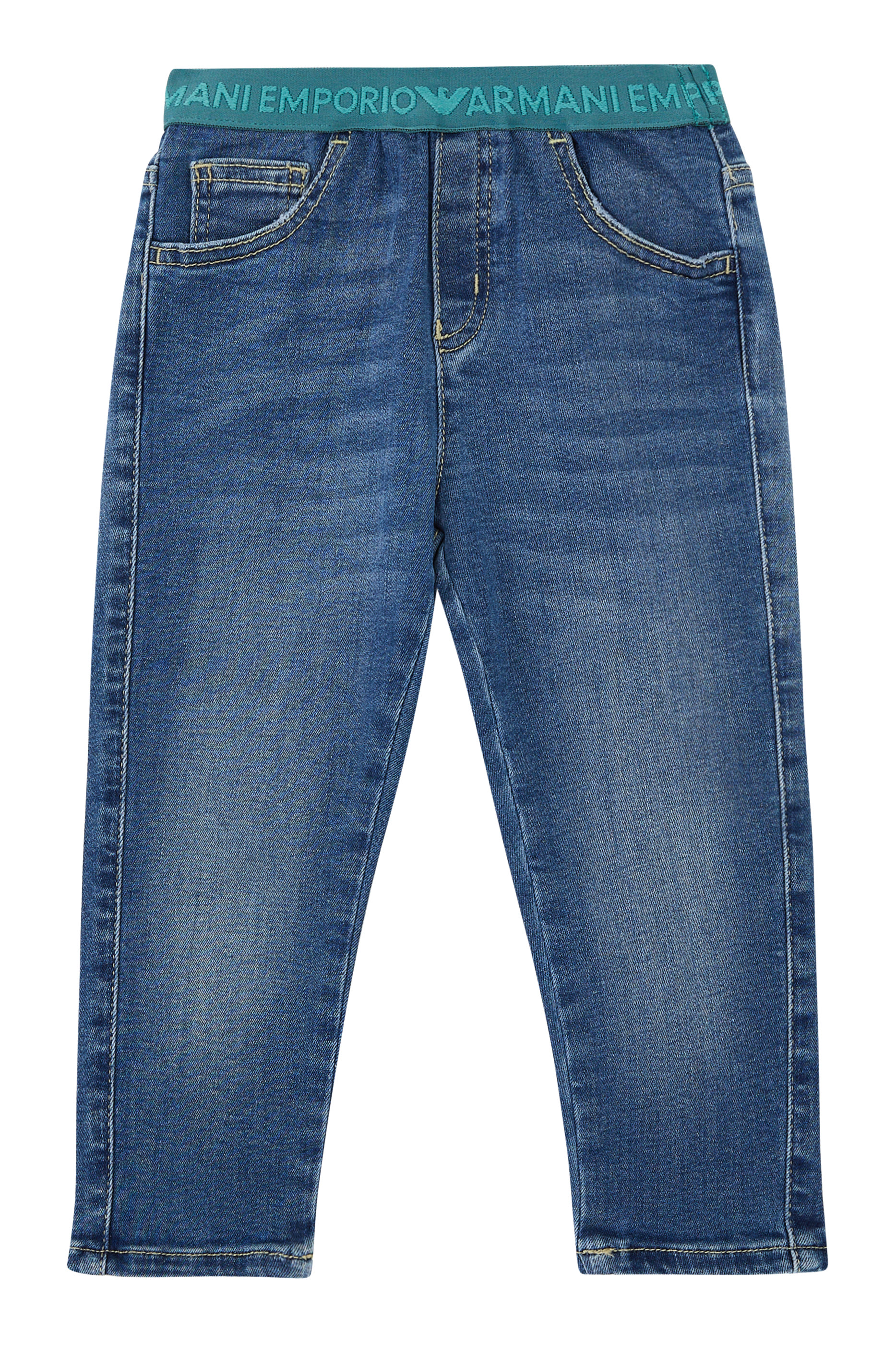 بنطال جينز للأطفال بحزام خصر محفور بشعار الماركة