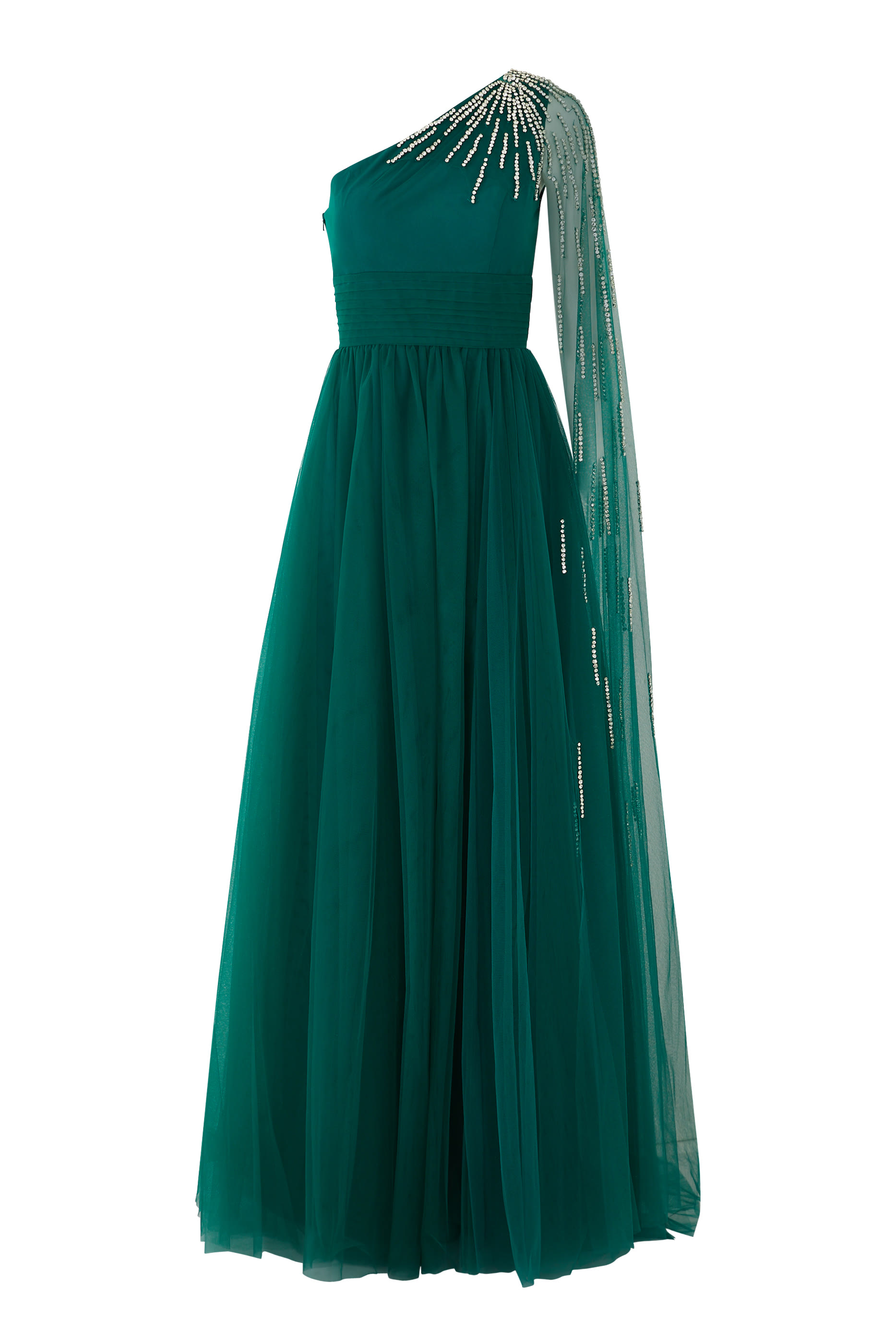 فستان سهرة بكتف مكشوف وتطريزات