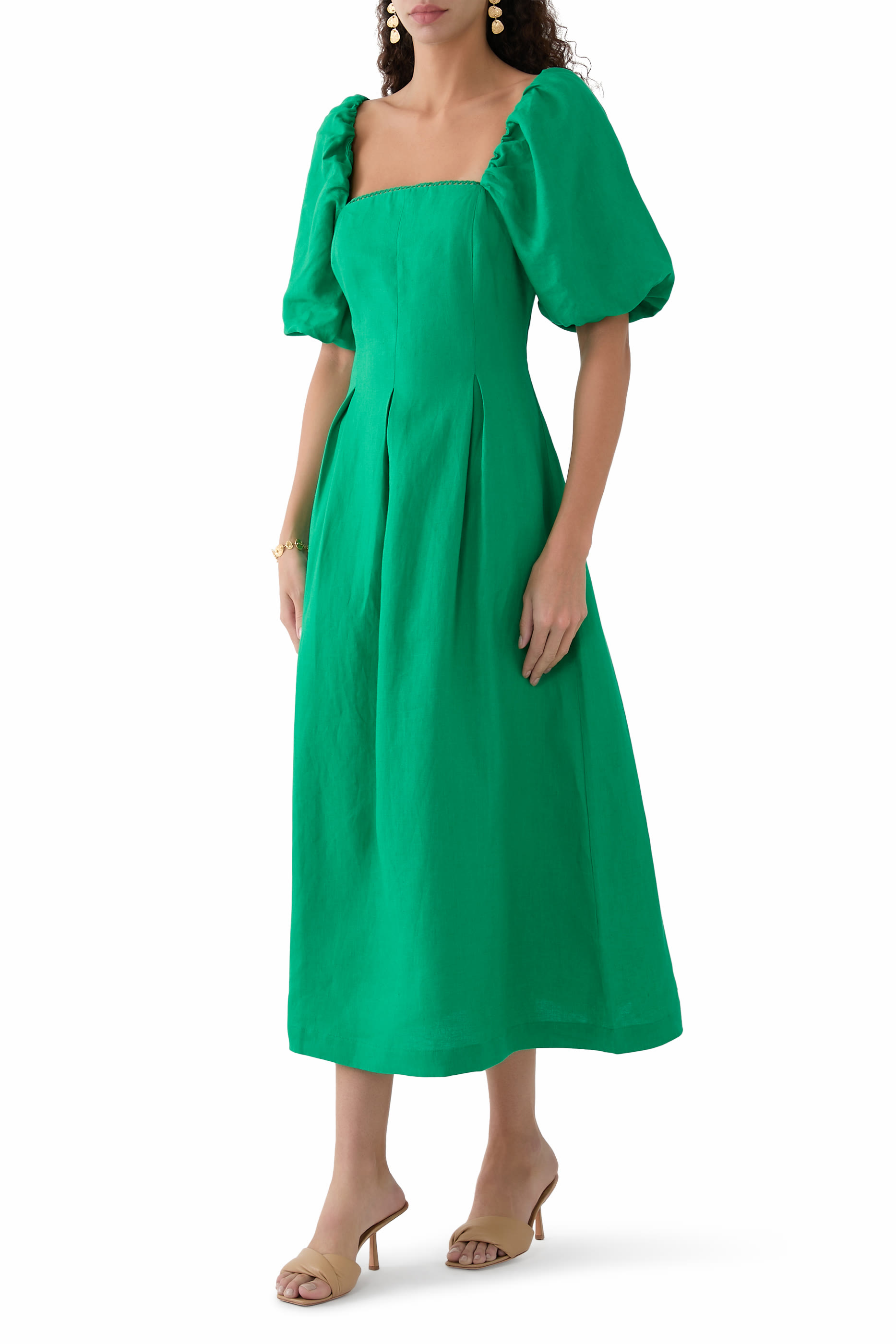 فستان ديمي متوسط الطول بأكمام منفوخة كتان