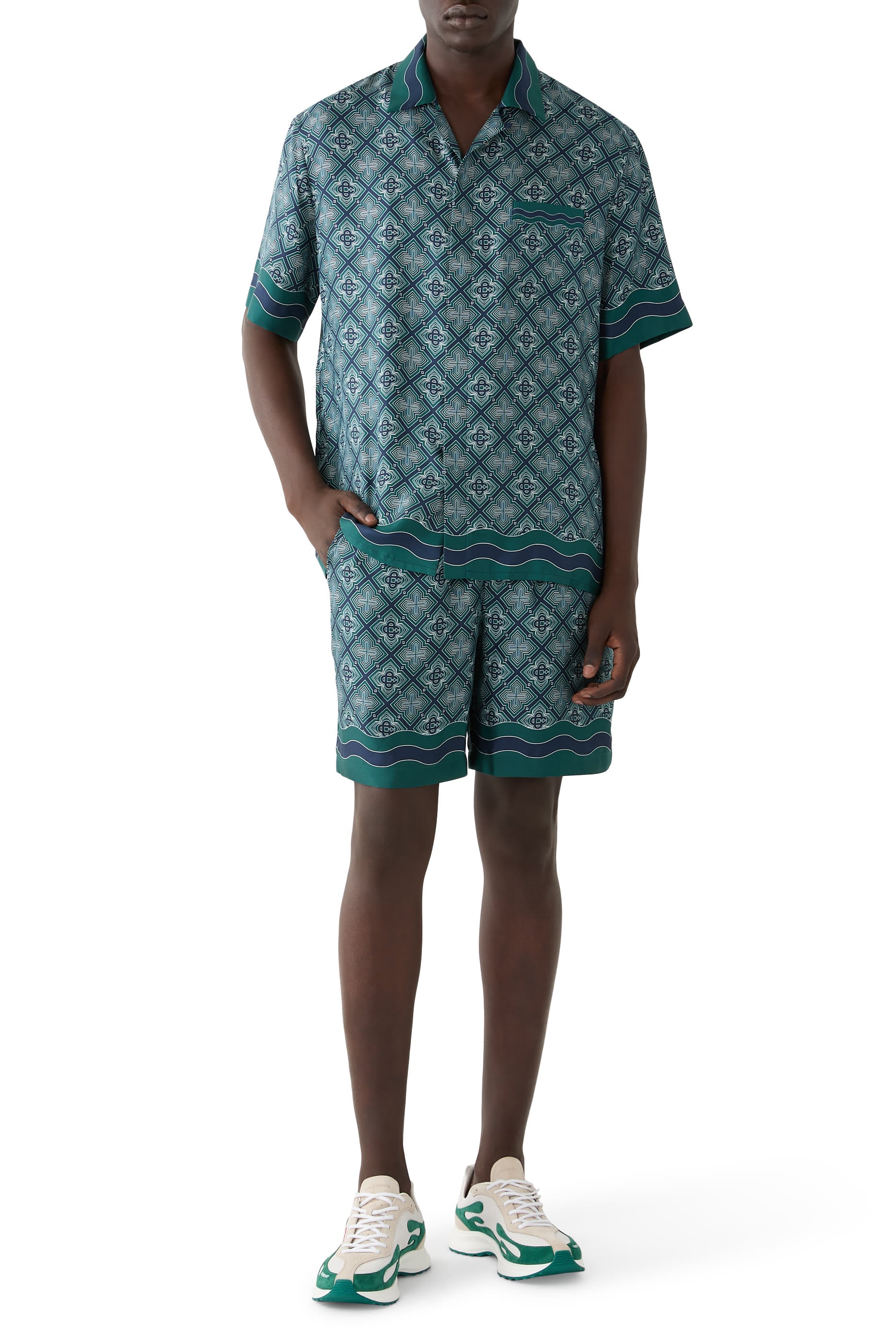 Radiating Monogram Short Sleeve Silk Shirt